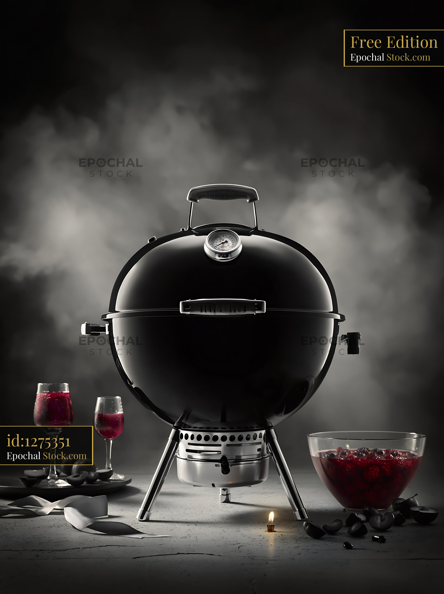 Black kettle charcoal grill with red wine and fruit in a smoky setting - stock photo