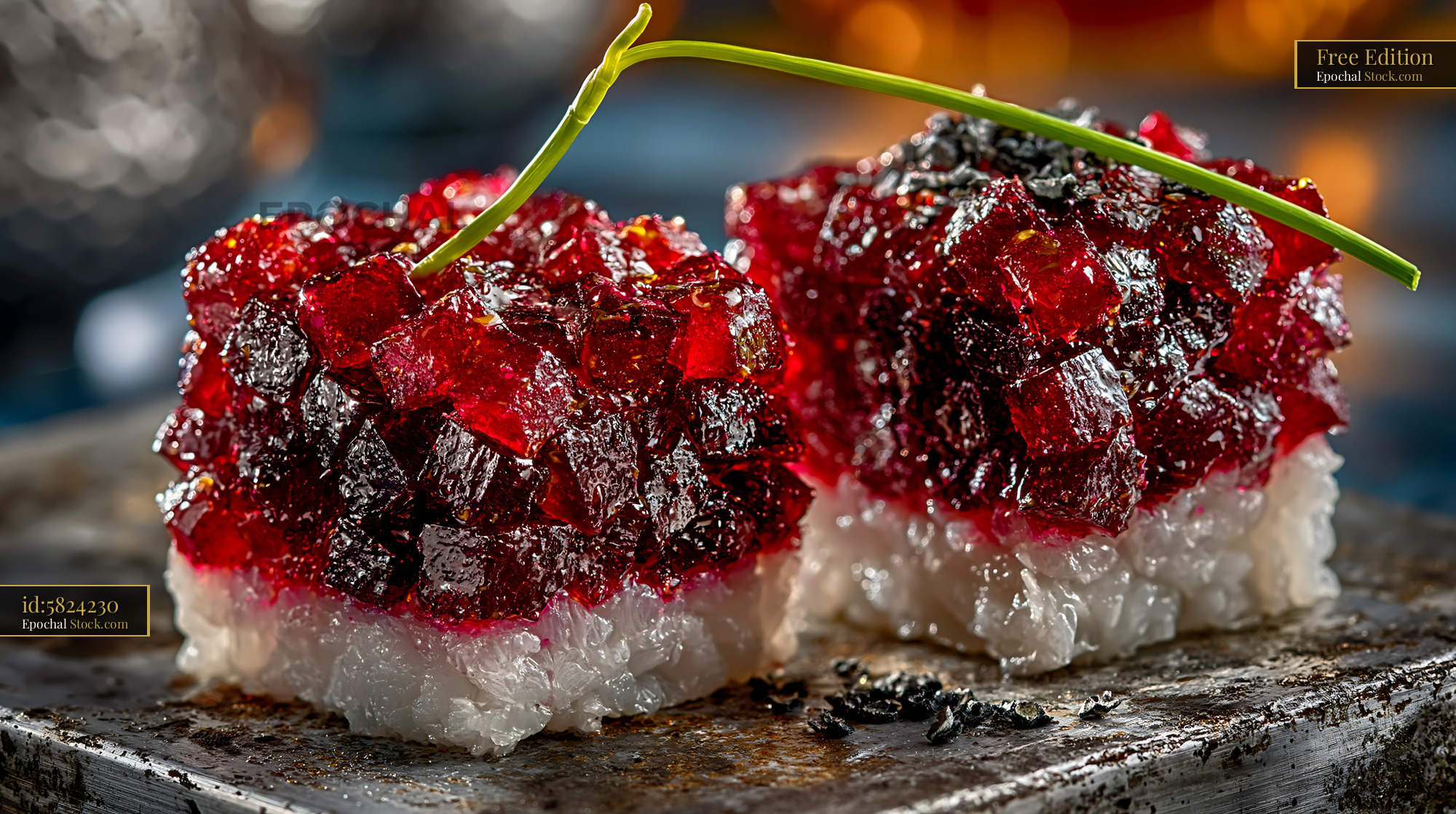 Gourmet beet tartare sushi on rice with chive garnish - stock photo