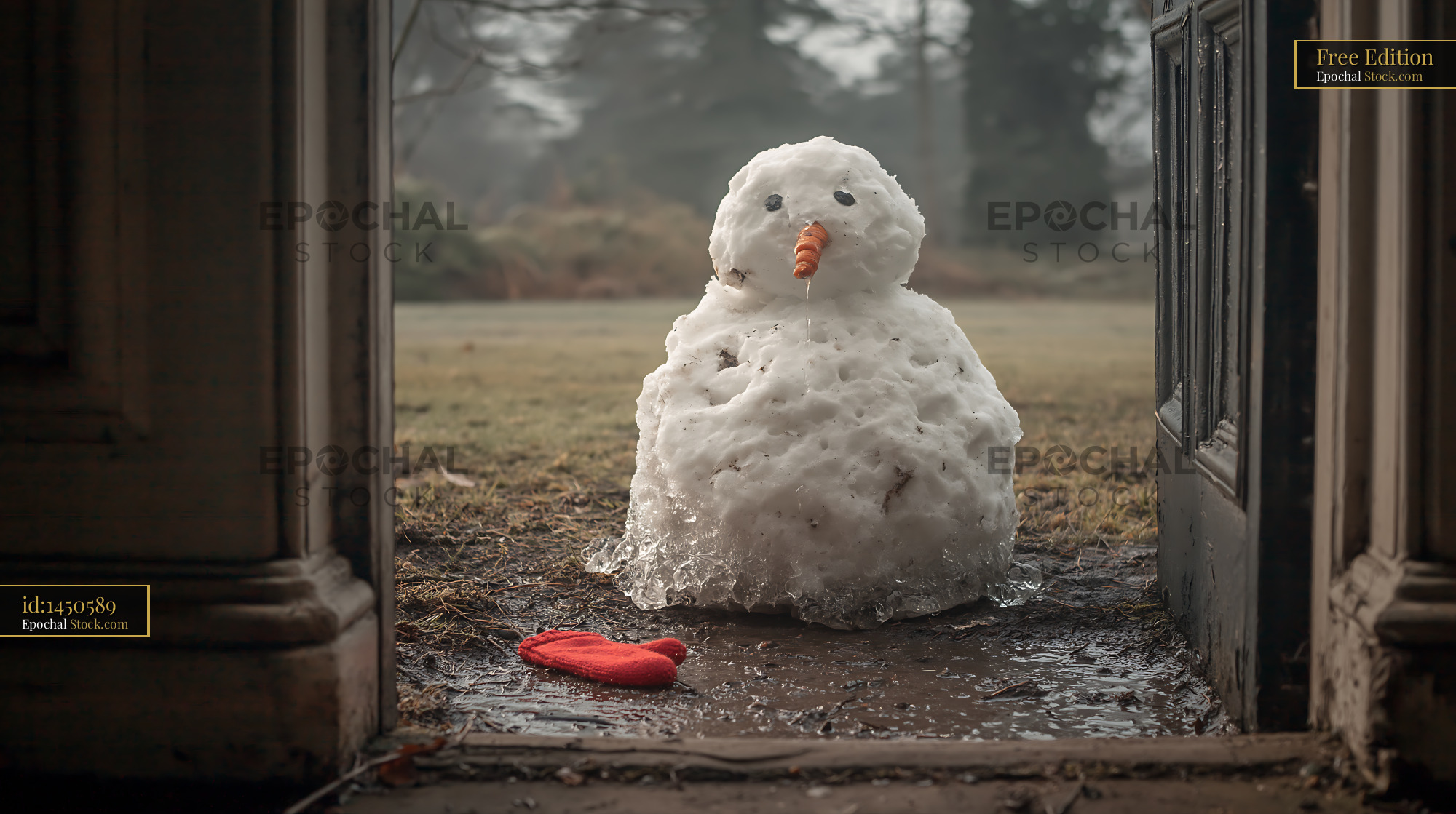 Melting snowman with carrot nose and red mitten in a doorway - stock photo