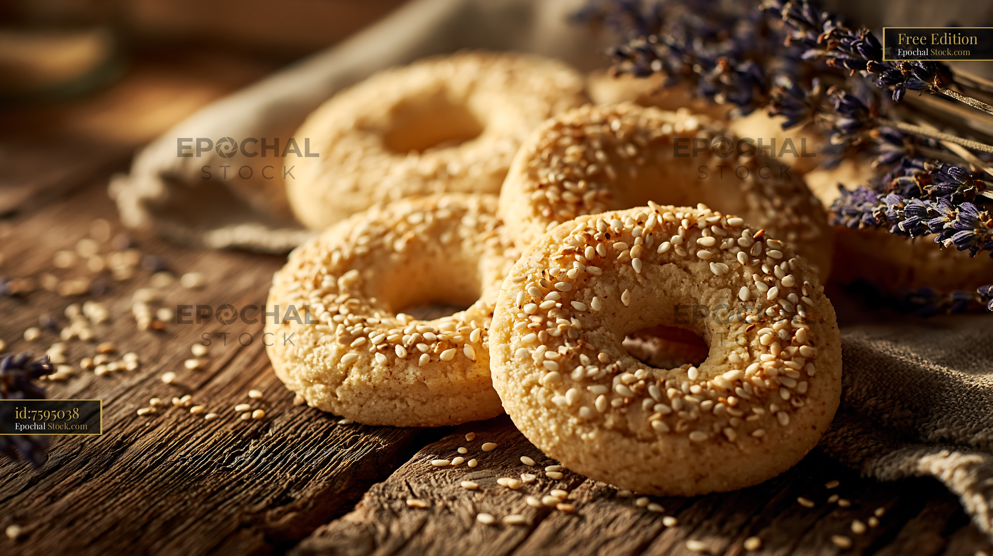 Sesame mahlab spice biscuits on a rustic wooden table with lavender - stock photo