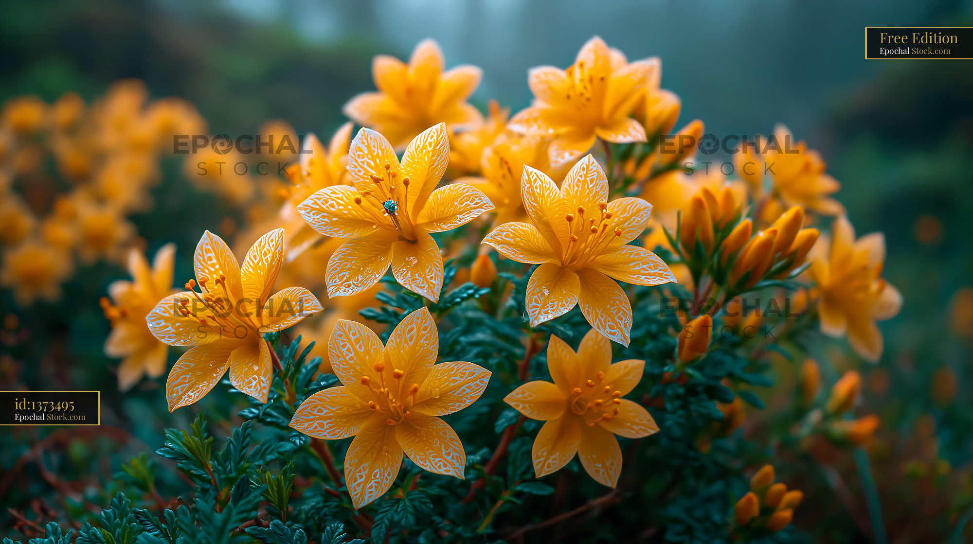 Vibrant orange wildflowers in a clover field during morning frost - stock photo