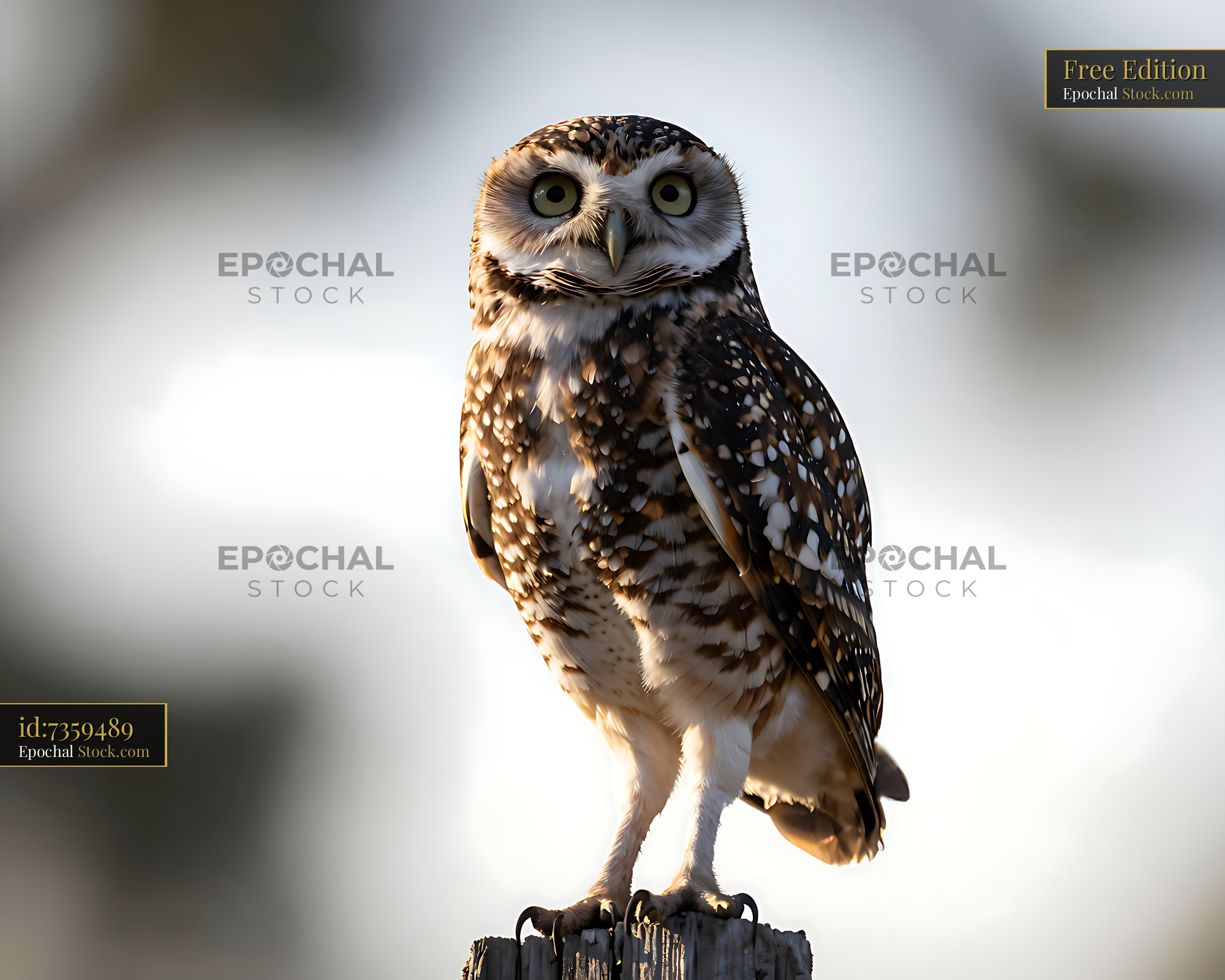 Burrowing owl with yellow eyes perched on a wooden post - stock photo