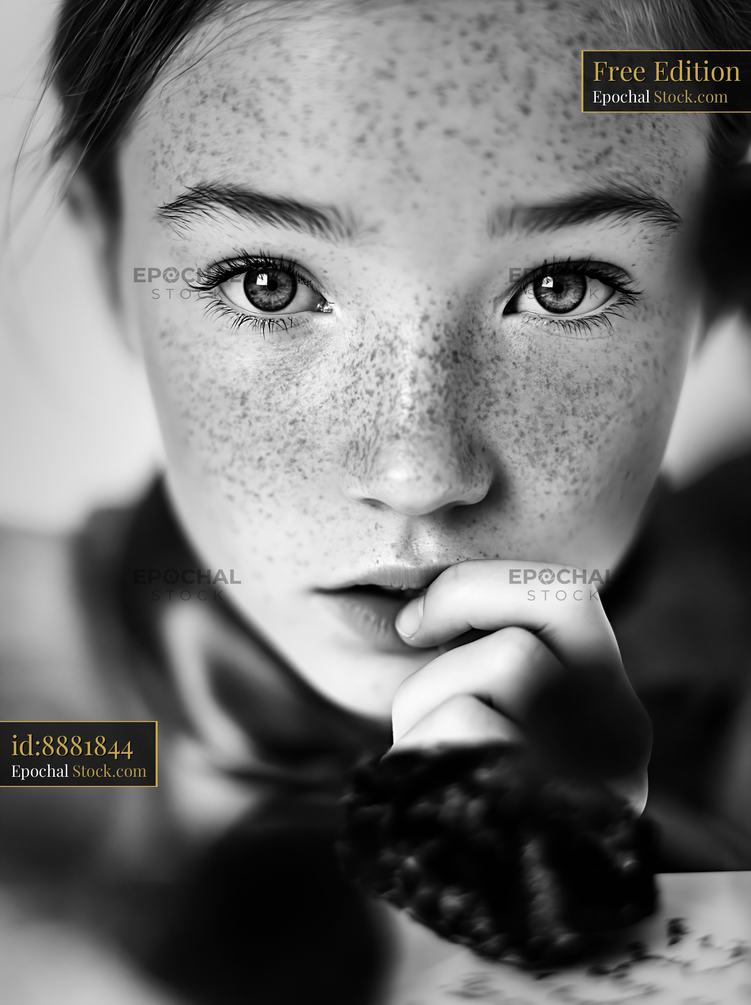 Young girl with freckles biting her lip while looking at camera - stock photo