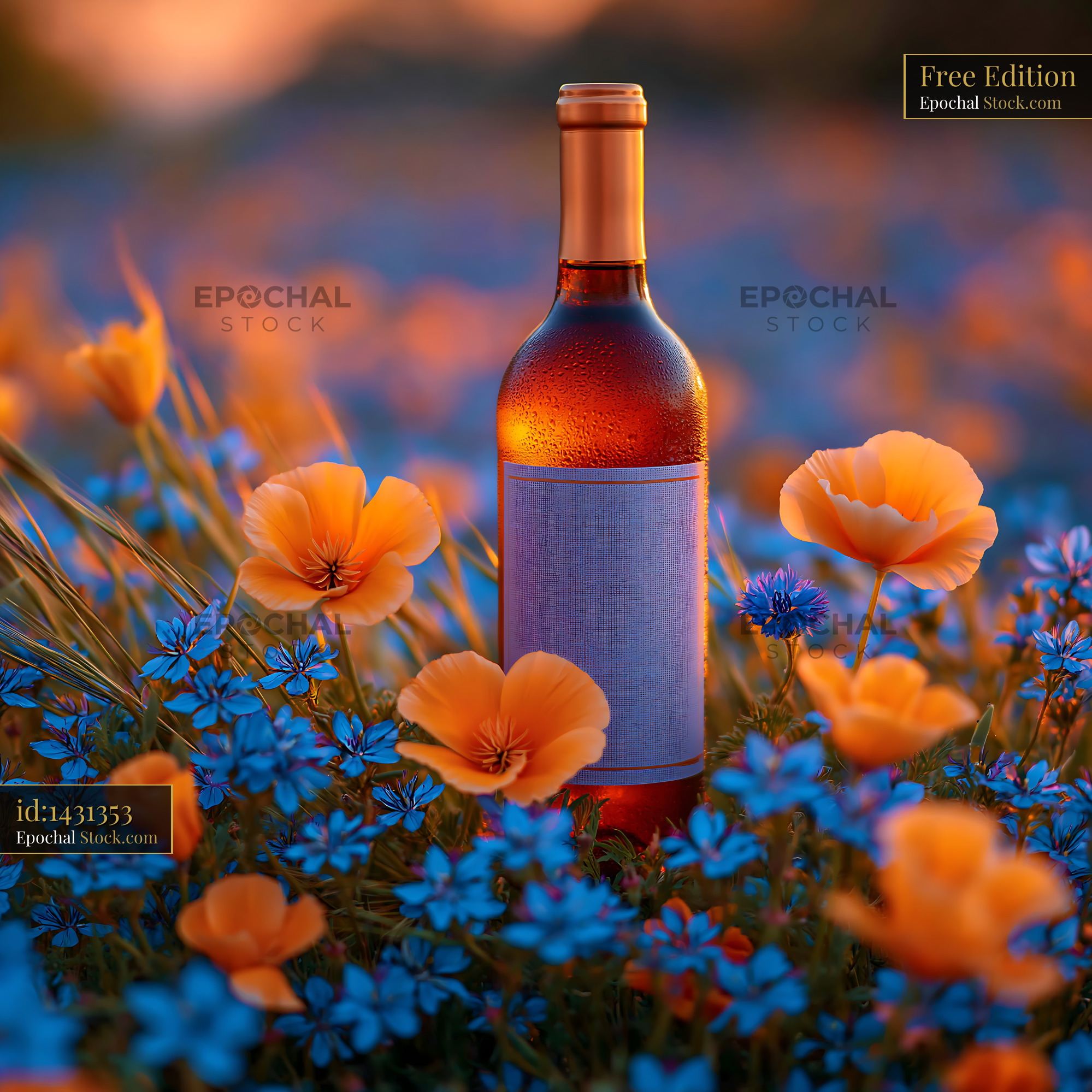 Chilled wine bottle in a blooming meadow at golden hour - stock photo