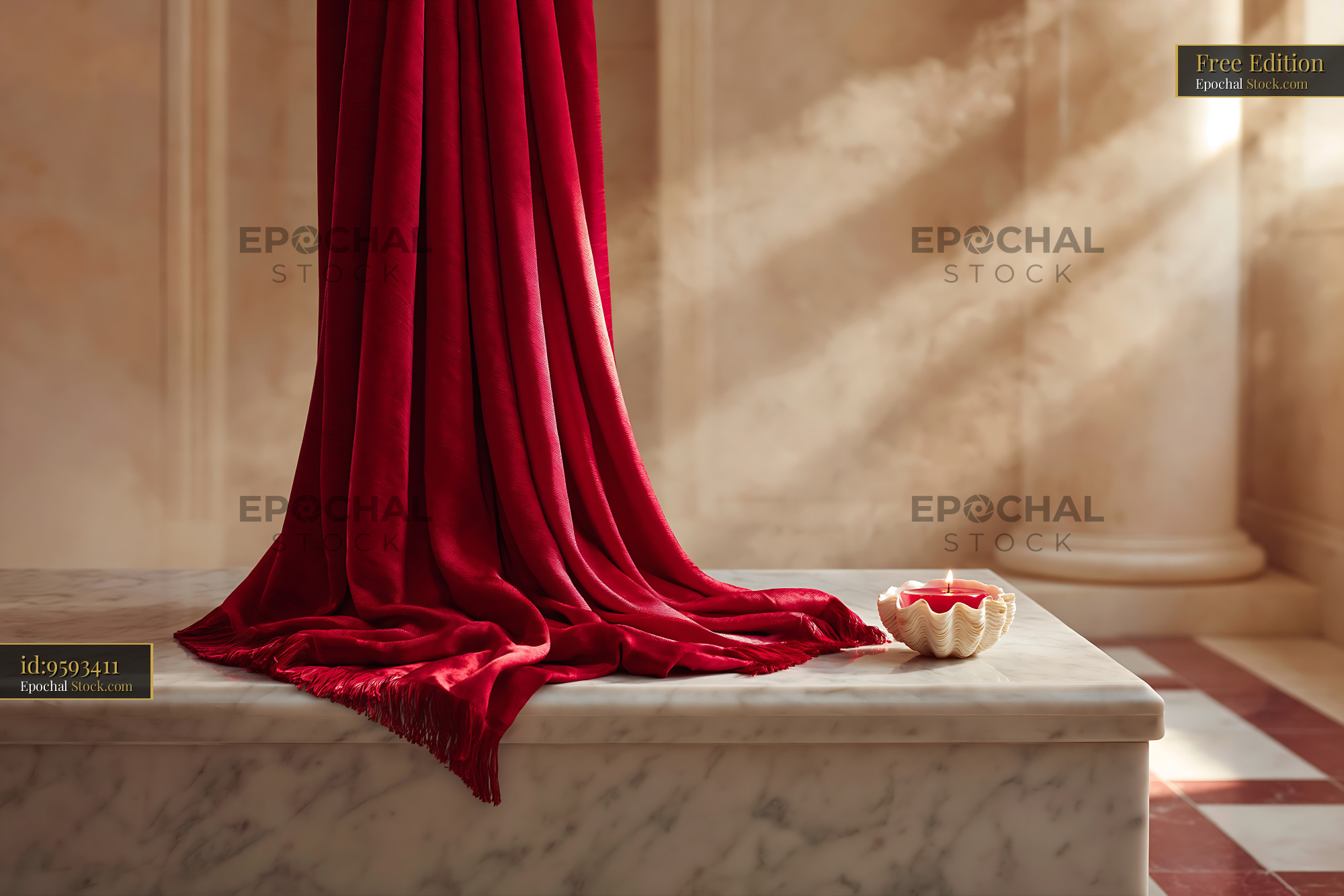Red cashmere throw on marble bench in sunlit classical interior - stock photo