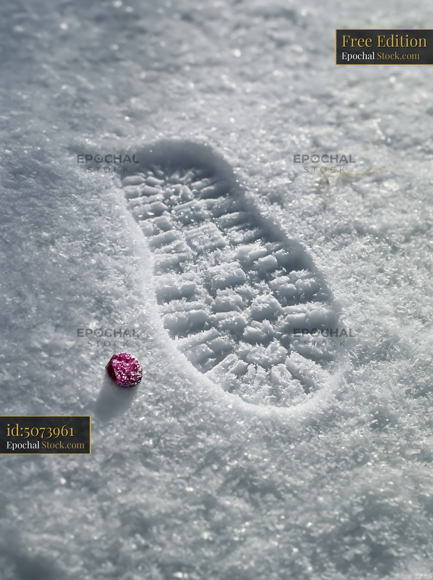 Single boot footprint in deep snow next to a lost pink bead - stock photo