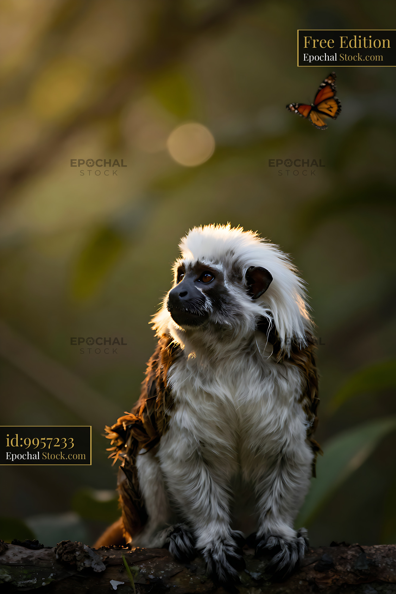 Cotton-top tamarin watching a butterfly during golden hour in the jung - stock photo