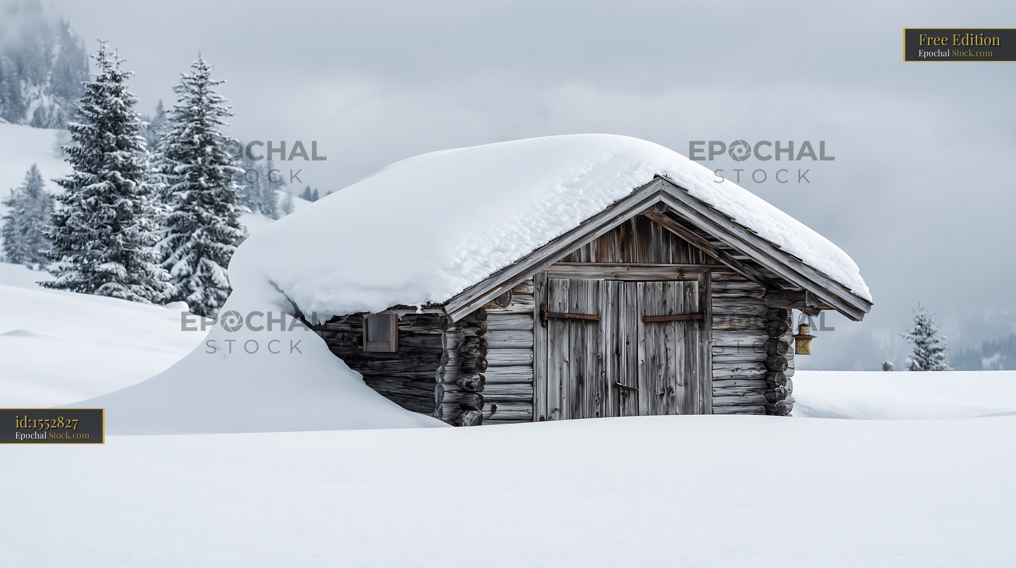 Traditional wooden log cabin buried in deep snow under a misty sky - stock photo