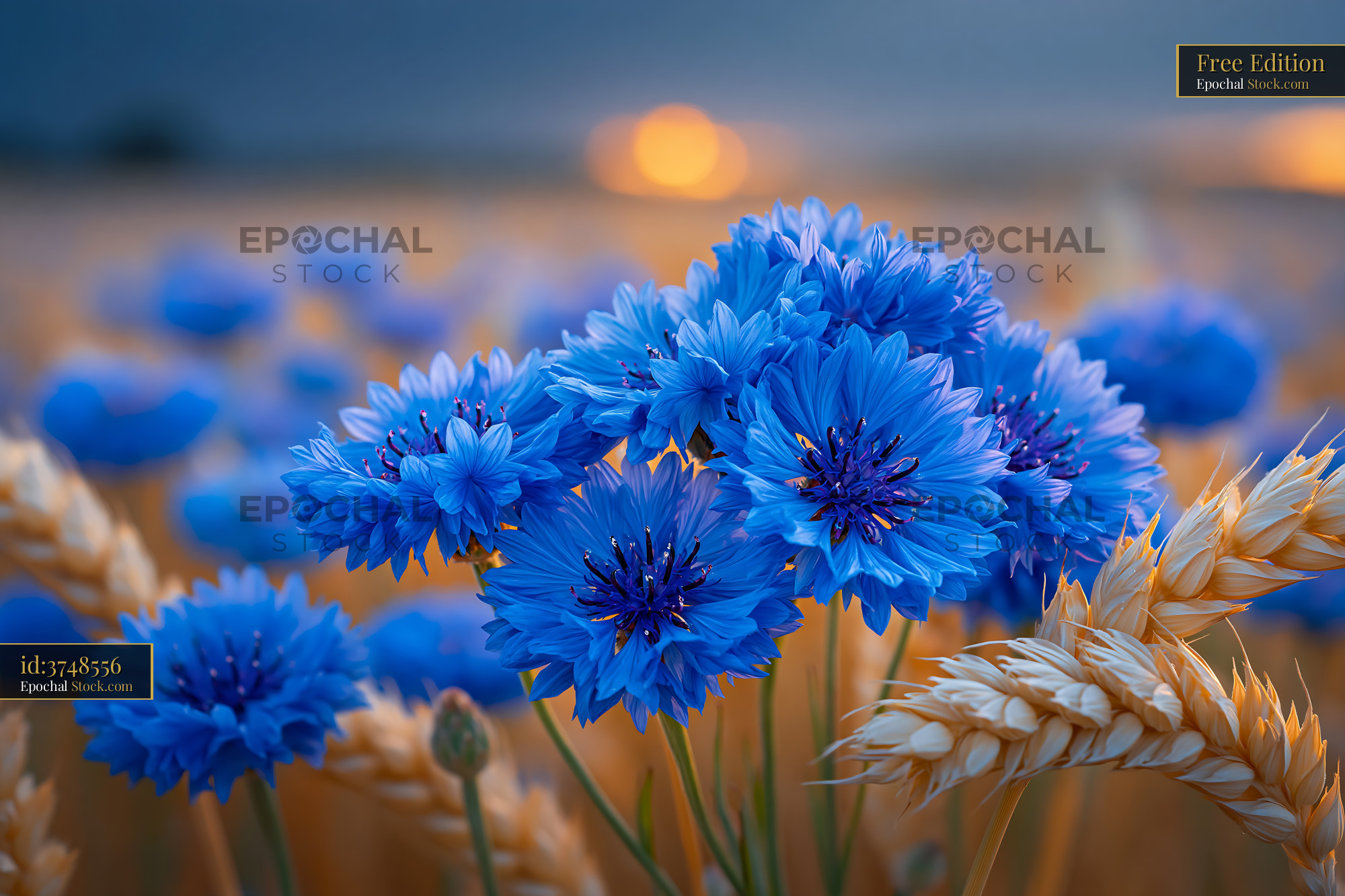 Vibrant blue cornflowers blooming in a golden wheat field at sunset - stock photo