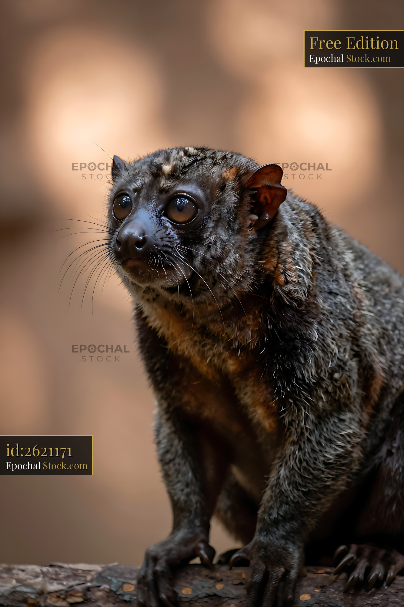 Slow loris with large expressive eyes perched on a wooden branch - stock photo