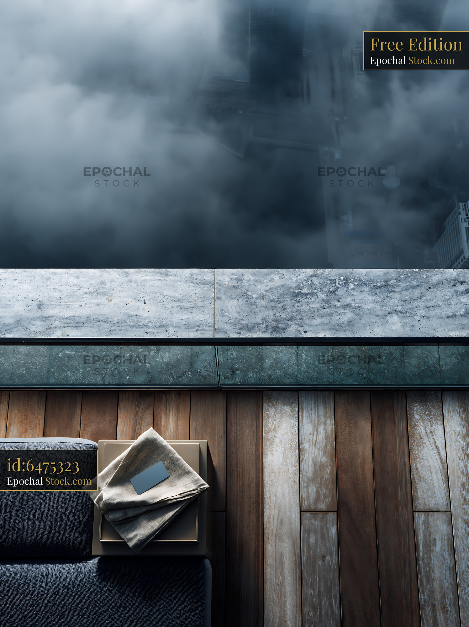 Luxury hotel balcony view overlooking a foggy cityscape from high abov - stock photo