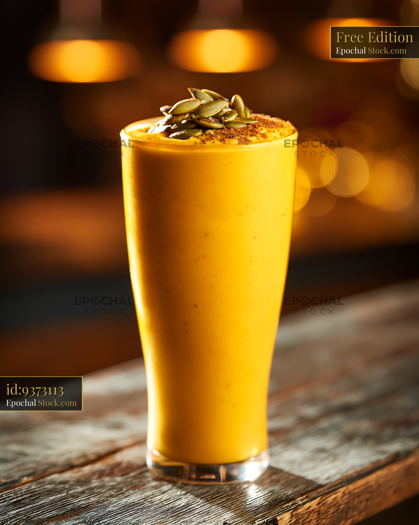 Creamy kabocha pumpkin smoothie topped with seeds on a wooden table - stock photo