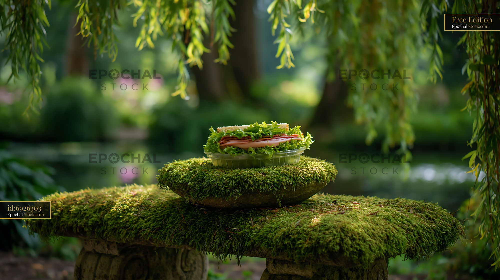 Fresh ham and lettuce sandwich on a mossy park bench - stock photo