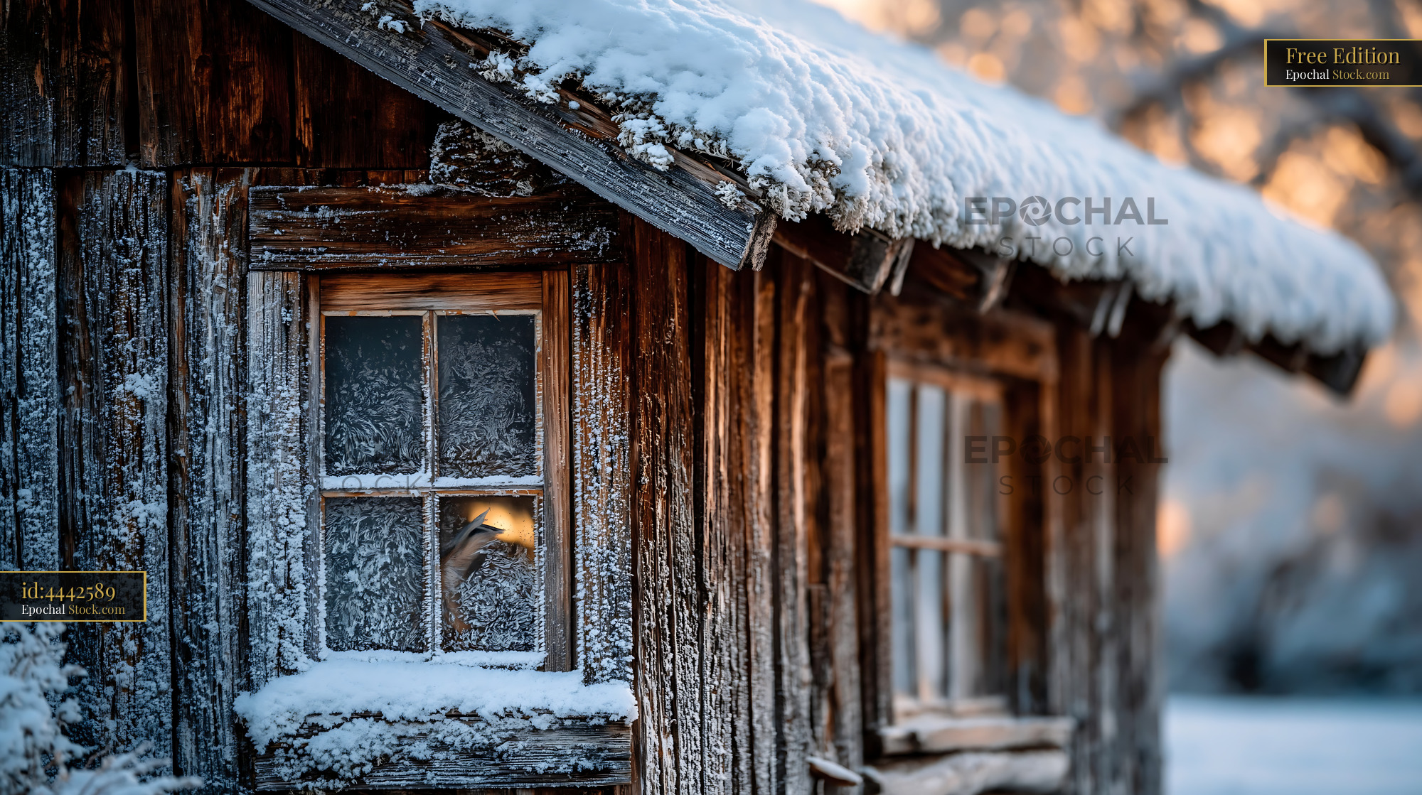 Wilted tulip in vase behind a frosted window of a rustic cabin - stock photo