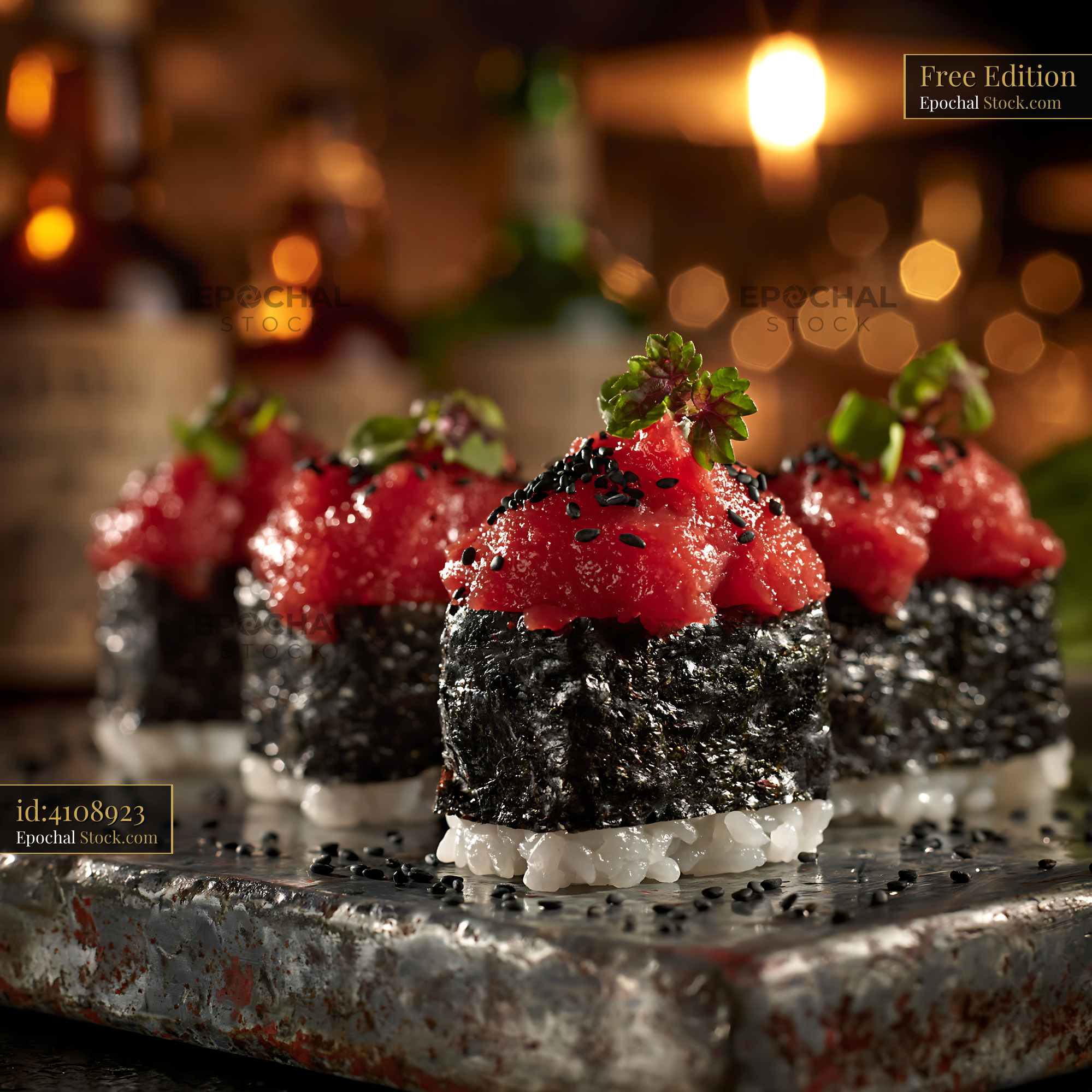 Salted plum umeboshi sushi pieces on a rustic stone platter - stock photo