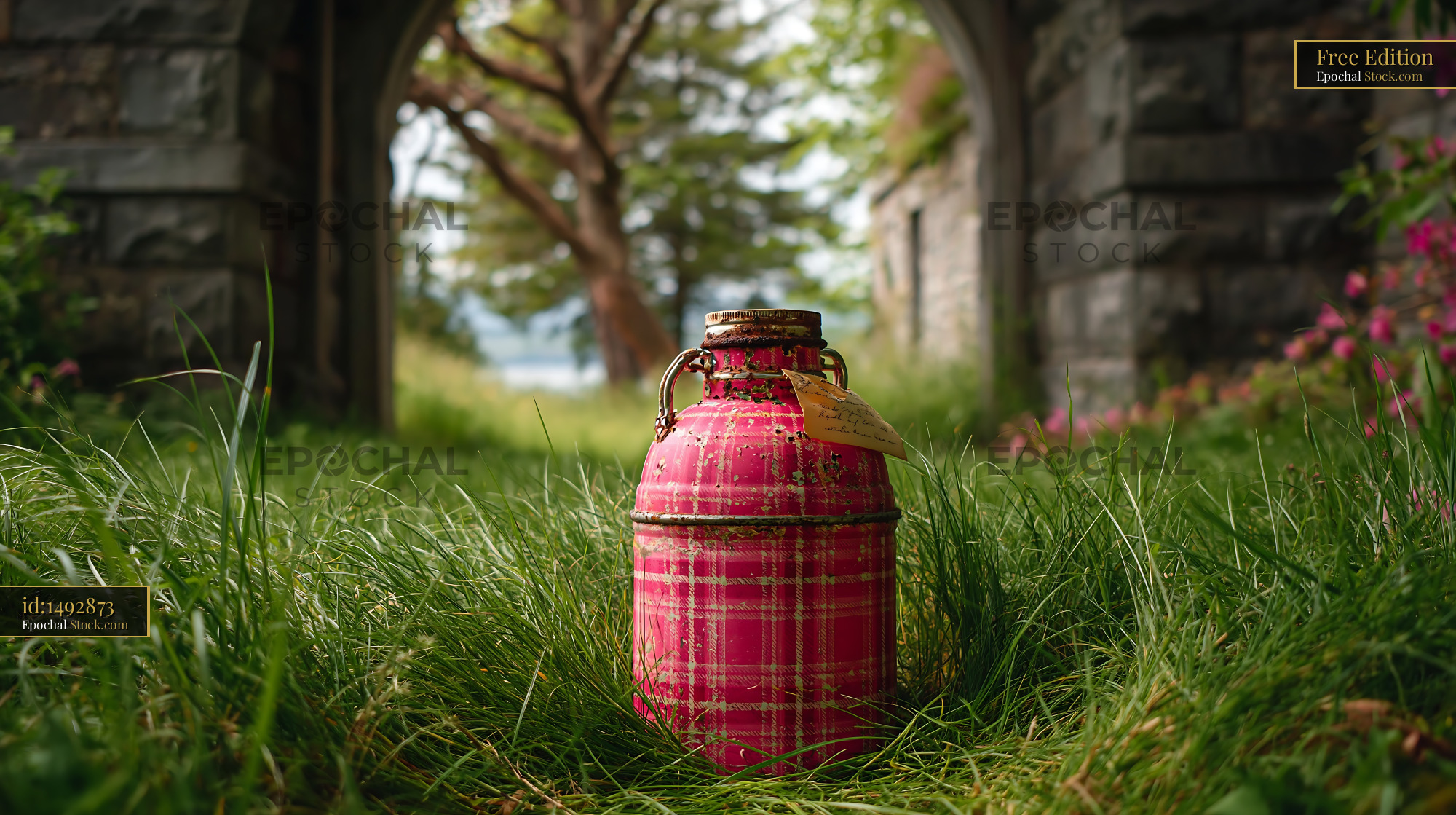 Pink vintage thermos with plaid pattern sitting in lush spring grass - stock photo