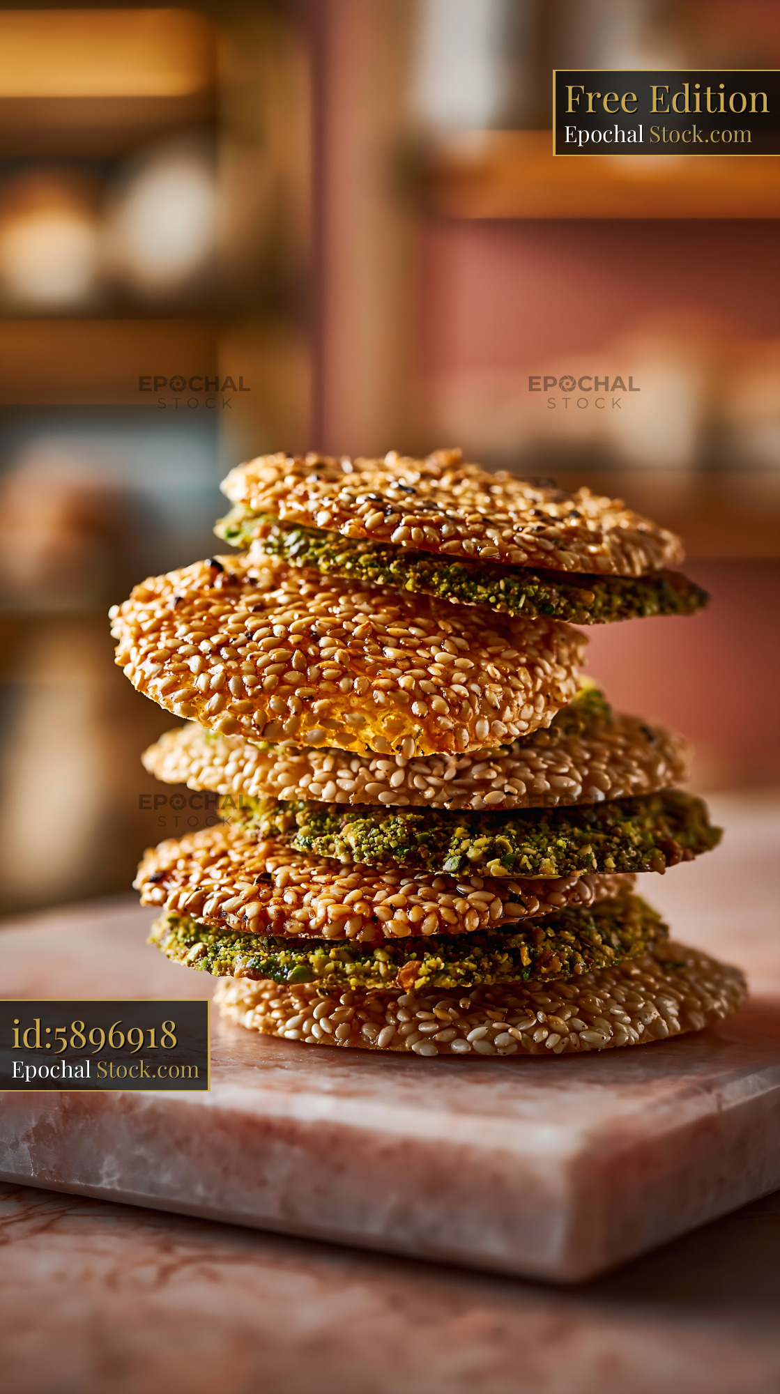 Barazek sesame biscuits stacked on marble in a warm bakery setting - stock photo
