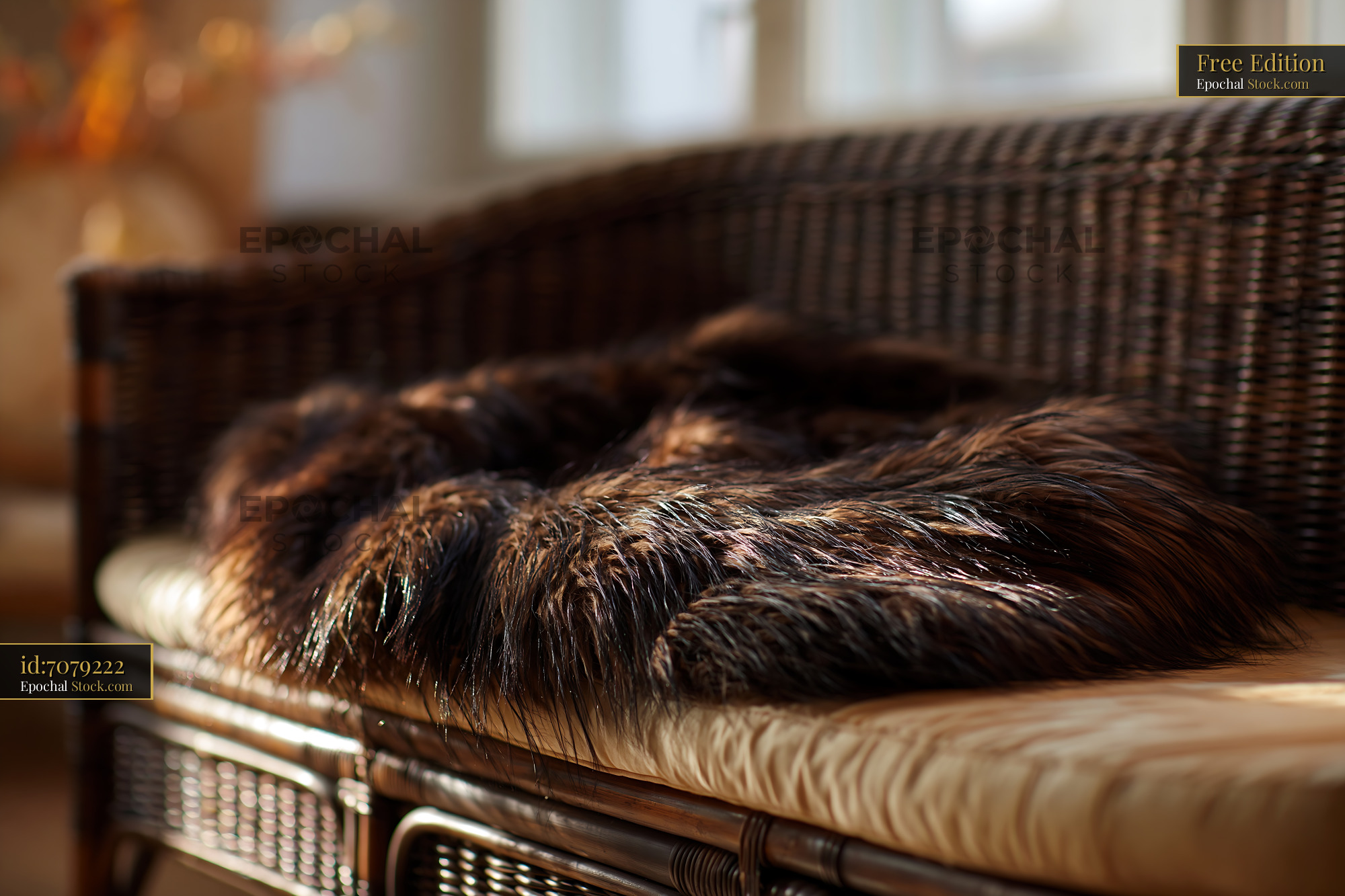 Dark faux fur throw on a wicker balcony bench in soft sunlight - stock photo