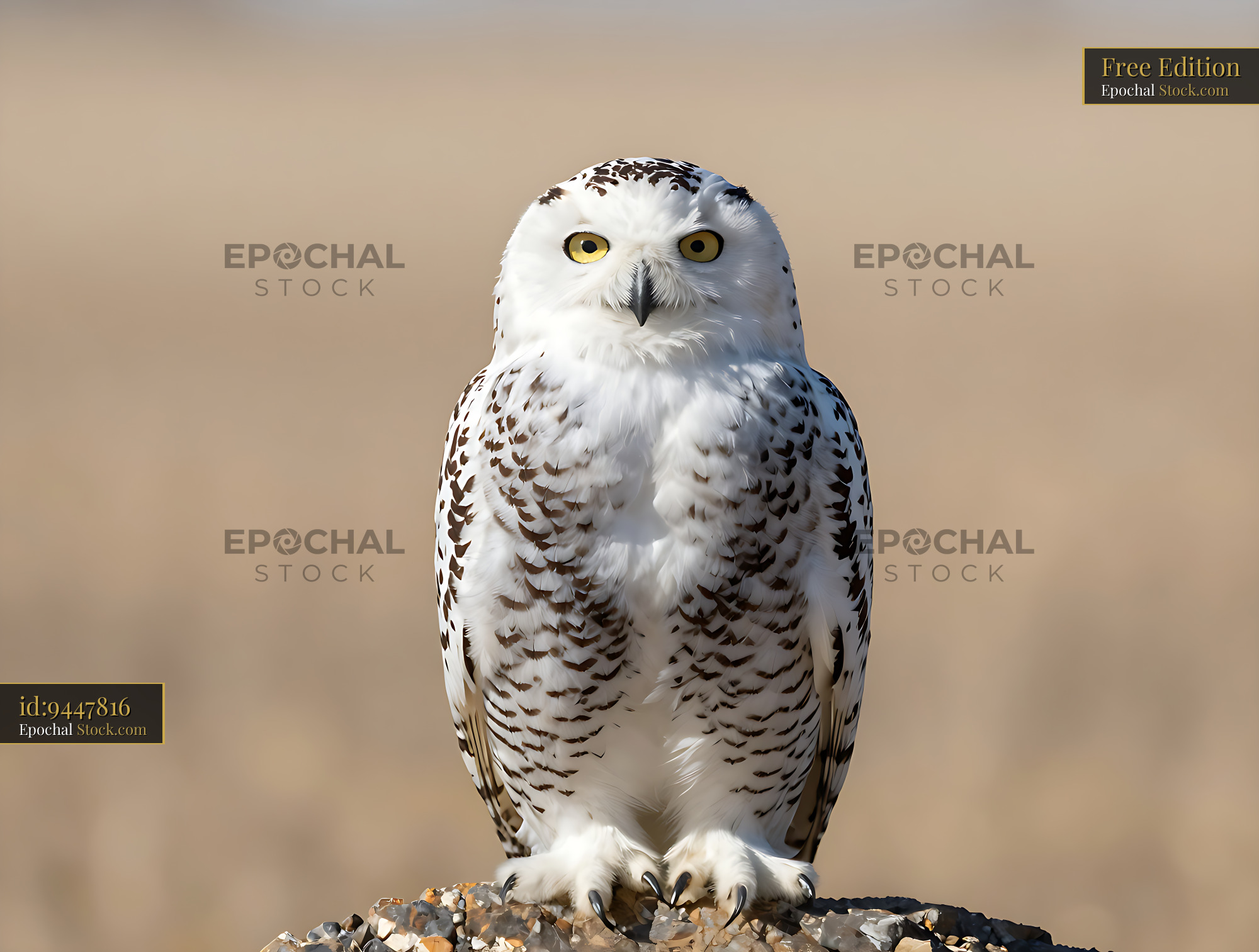 Majestic snowy owl with yellow eyes perched on a rock in nature - stock photo
