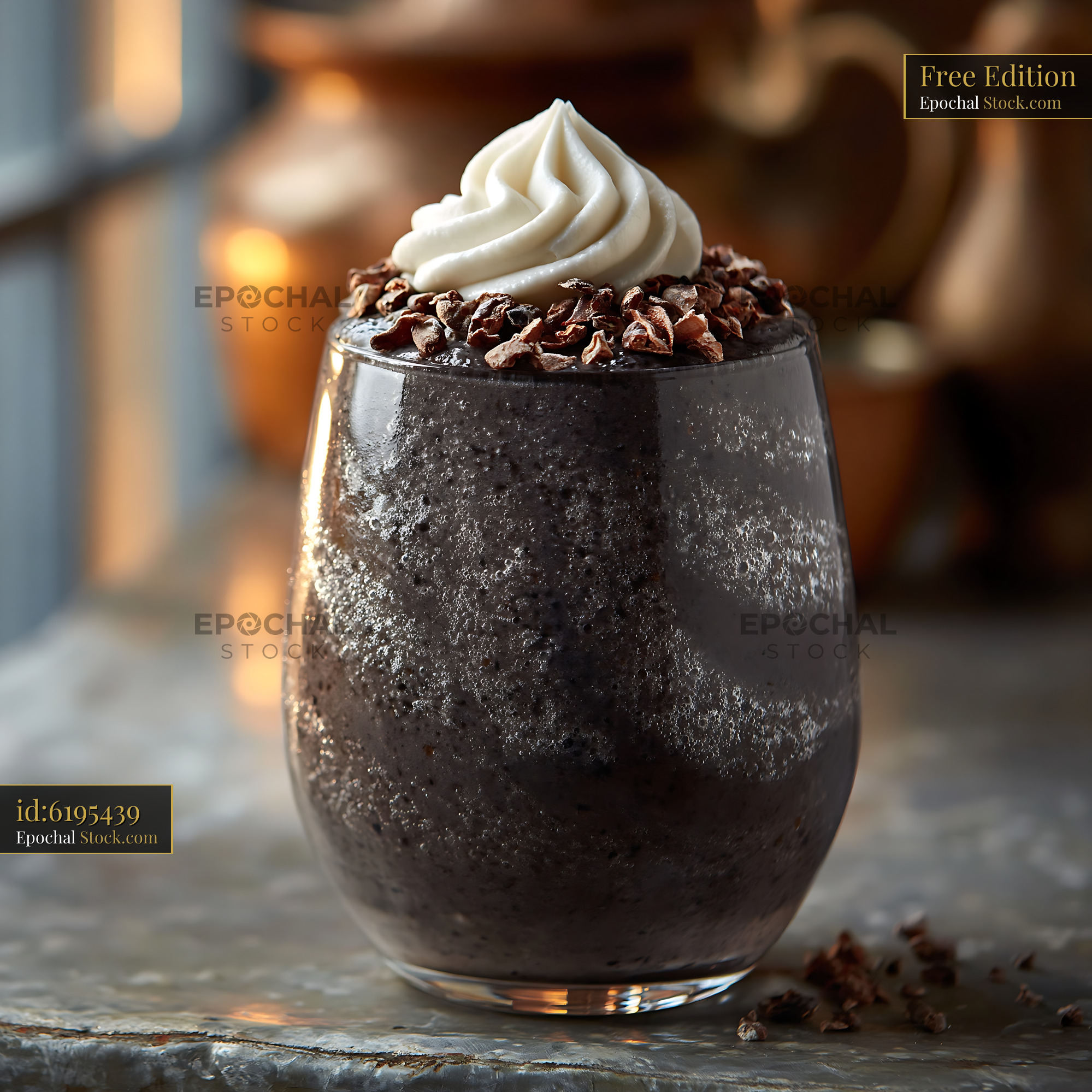 Healthy black bean smoothie with whipped cream and cacao nibs - stock photo