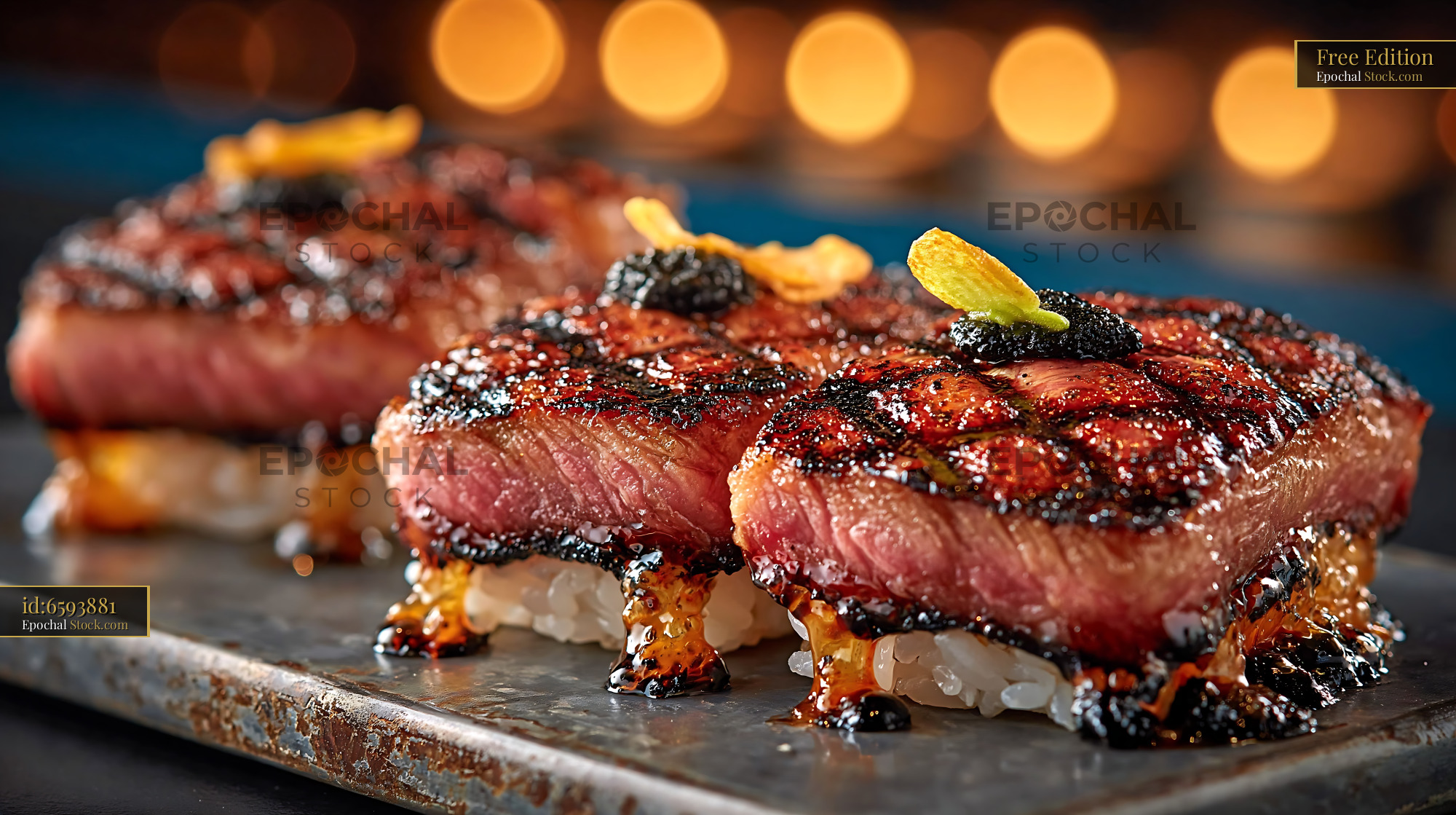 Gourmet aburi wagyu sushi with seared beef and caviar - stock photo
