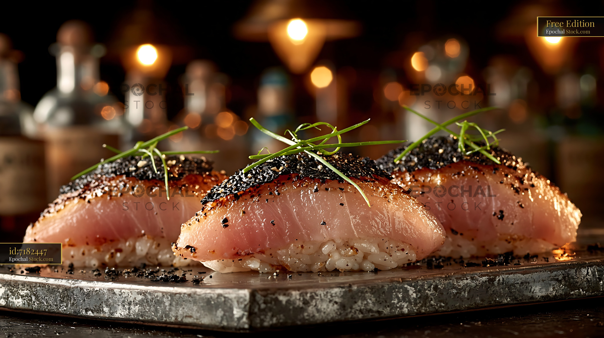 Seared foie gras nigiri sushi with truffle crust and fresh chives - stock photo
