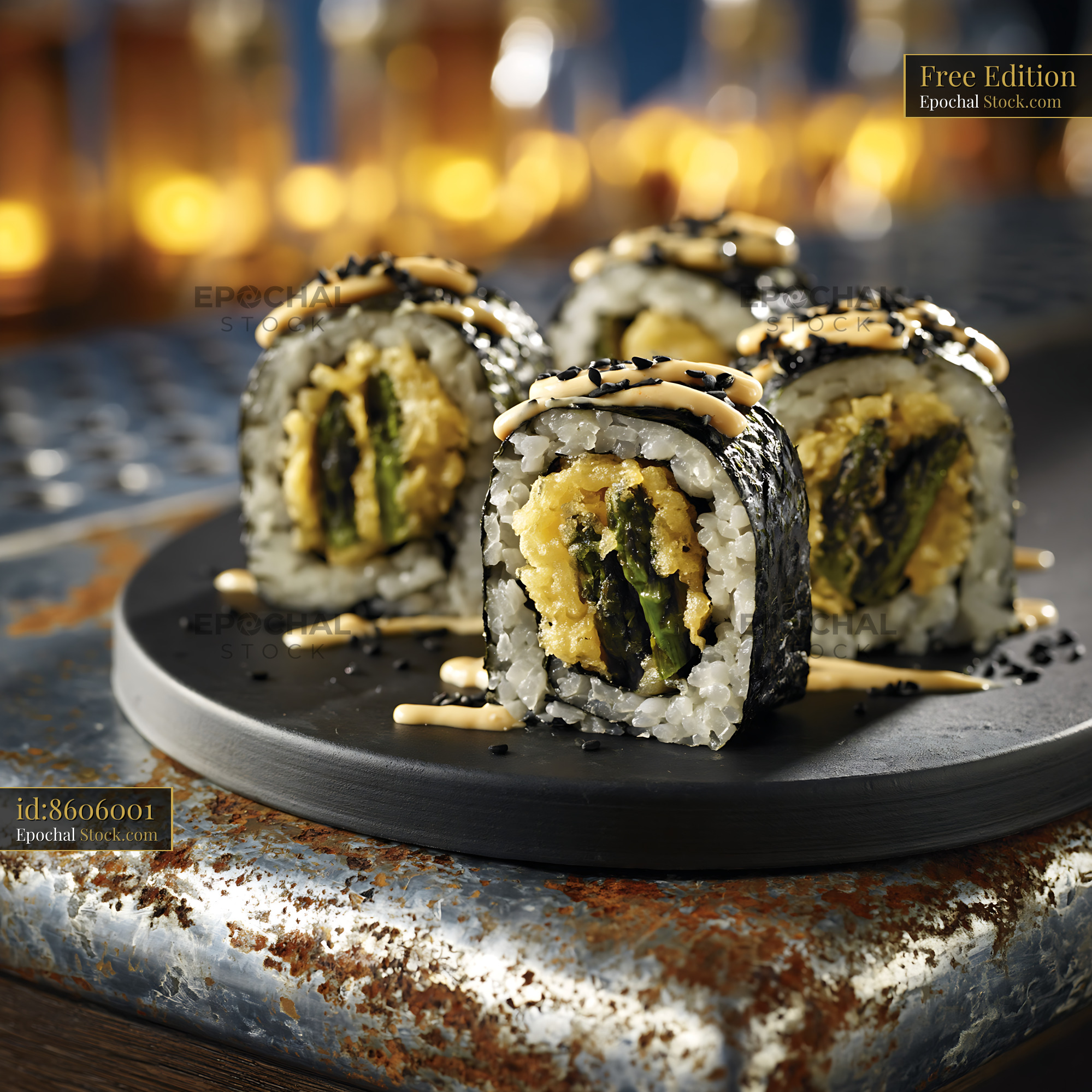 Tempura asparagus sushi rolls with spicy sauce and sesame seeds - stock photo