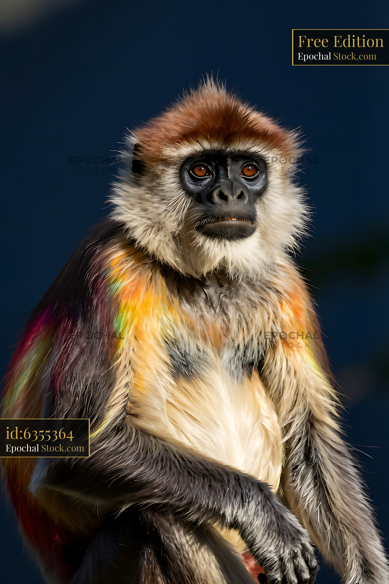 Portrait of a Douc Langur with vibrant rainbow colored fur - stock photo