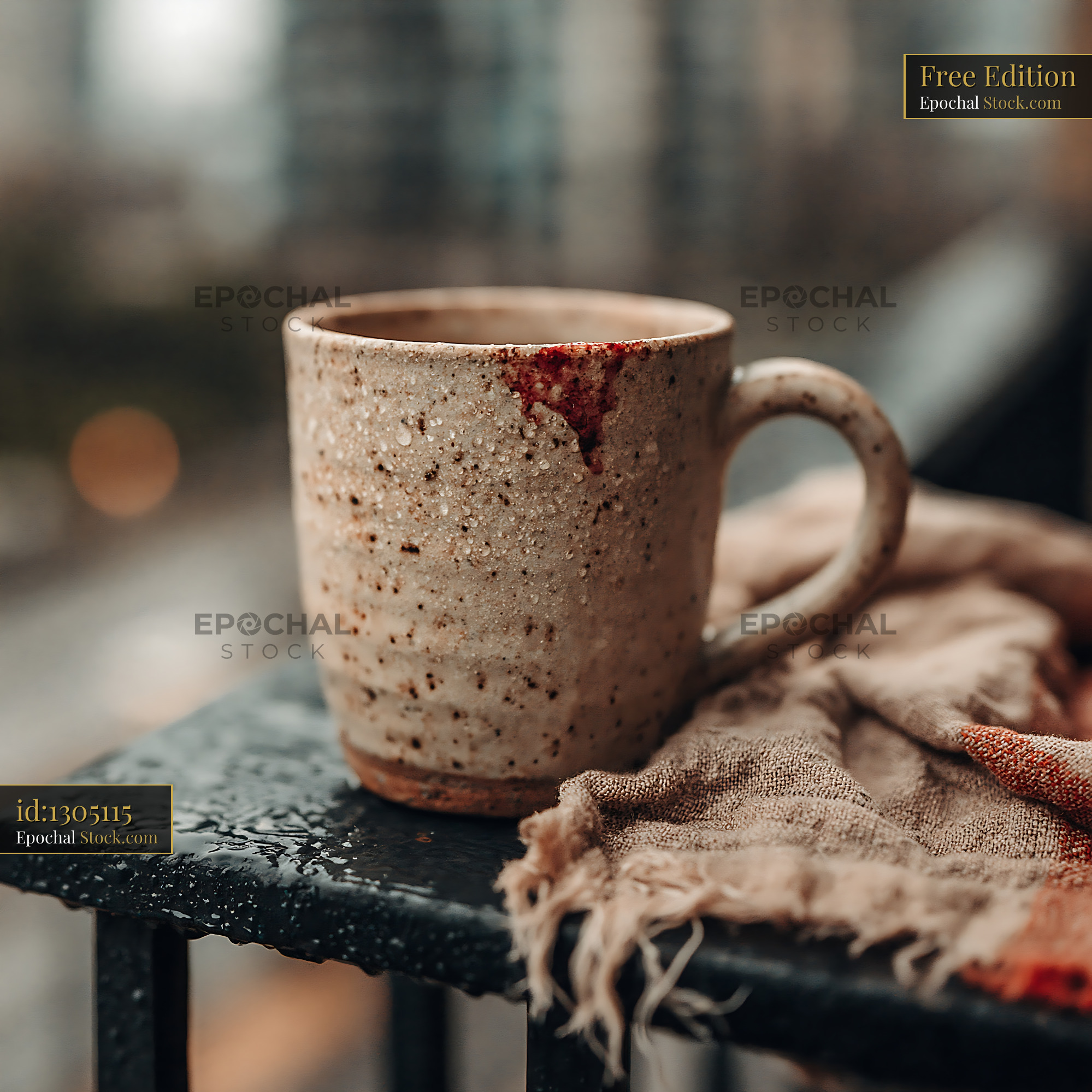 Coffee cup on a rainy city balcony with a soft scarf - stock photo