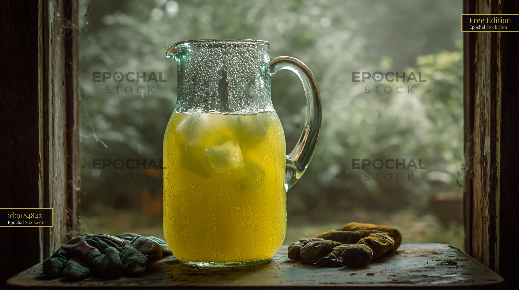 Cold pitcher of lemonade with ice on a luxury hotel balcony view - stock photo