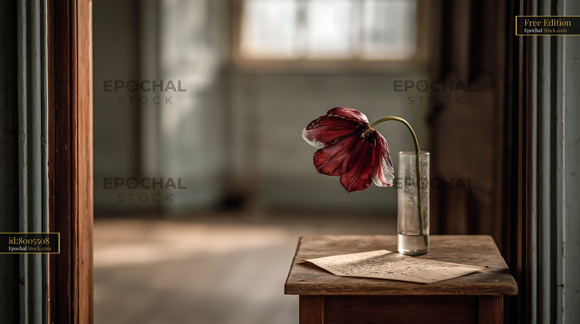 Wilted tulip in vase next to a handwritten letter on wooden table - stock photo