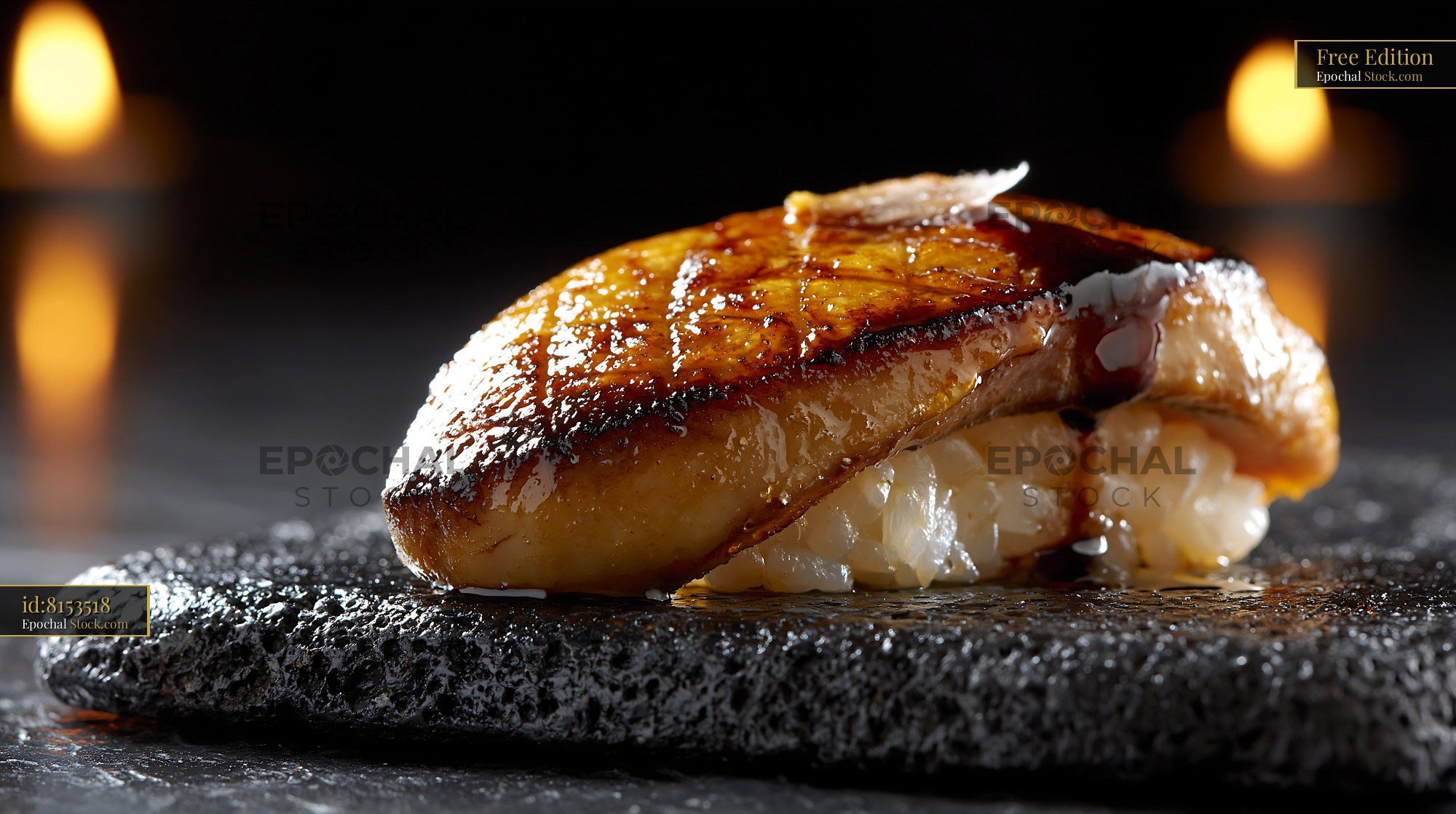 Seared foie gras nigiri sushi with glaze on stone plate - stock photo