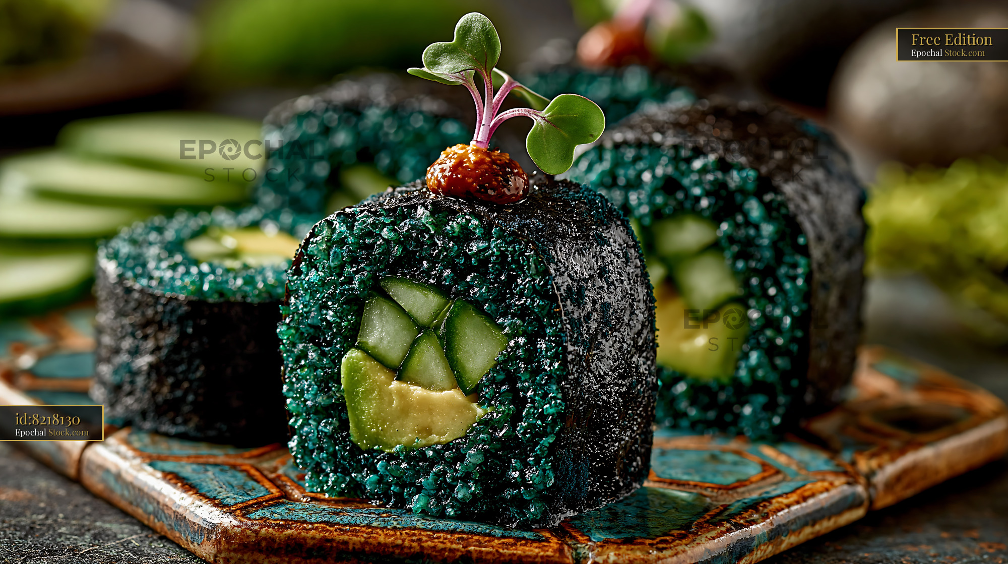 Gourmet spirulina powder sushi with fresh cucumber and avocado - stock photo