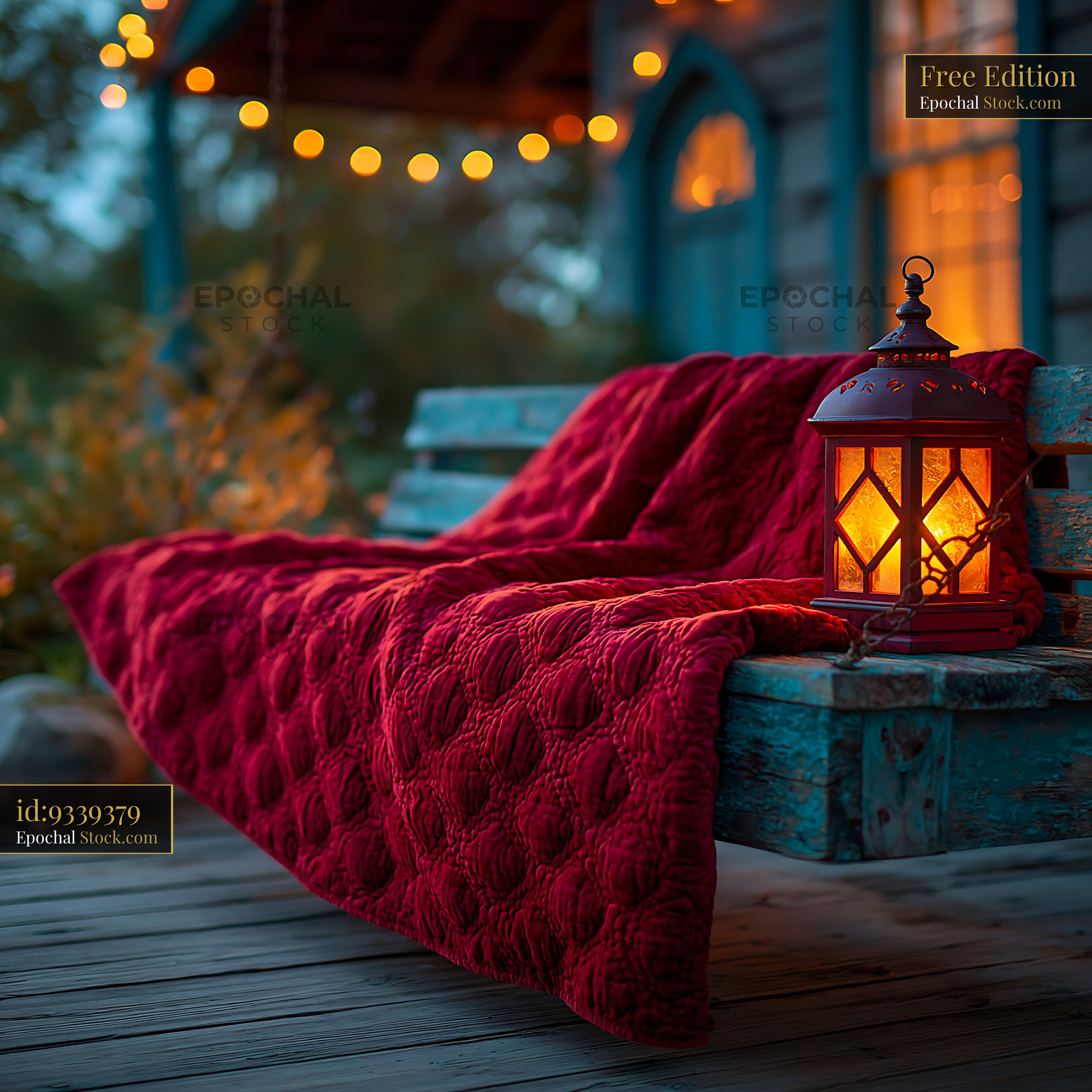 Red cashmere throw on bench with glowing lantern on a cozy porch - stock photo