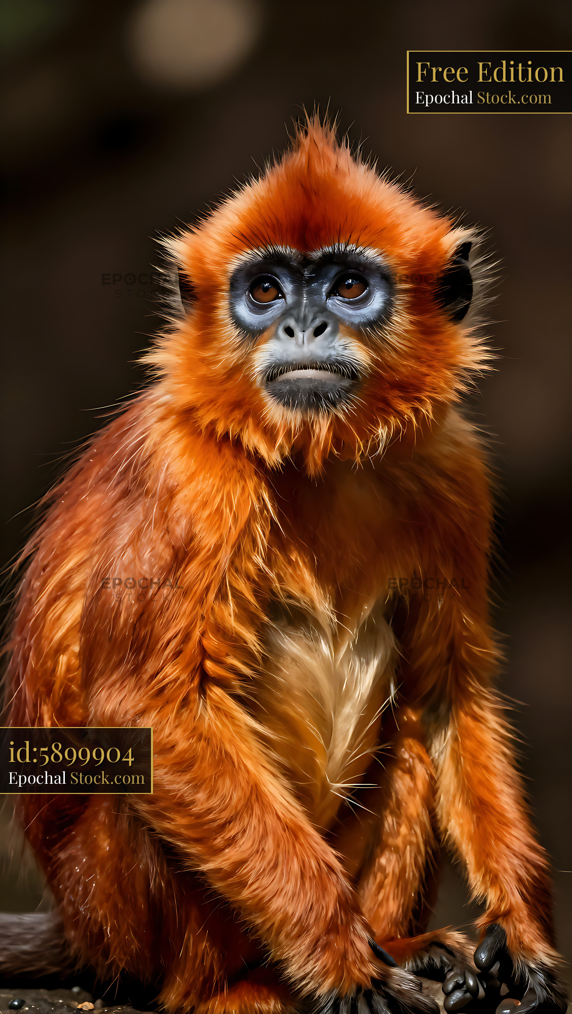 Silvered leaf monkey with vibrant orange fur looking upwards - stock photo