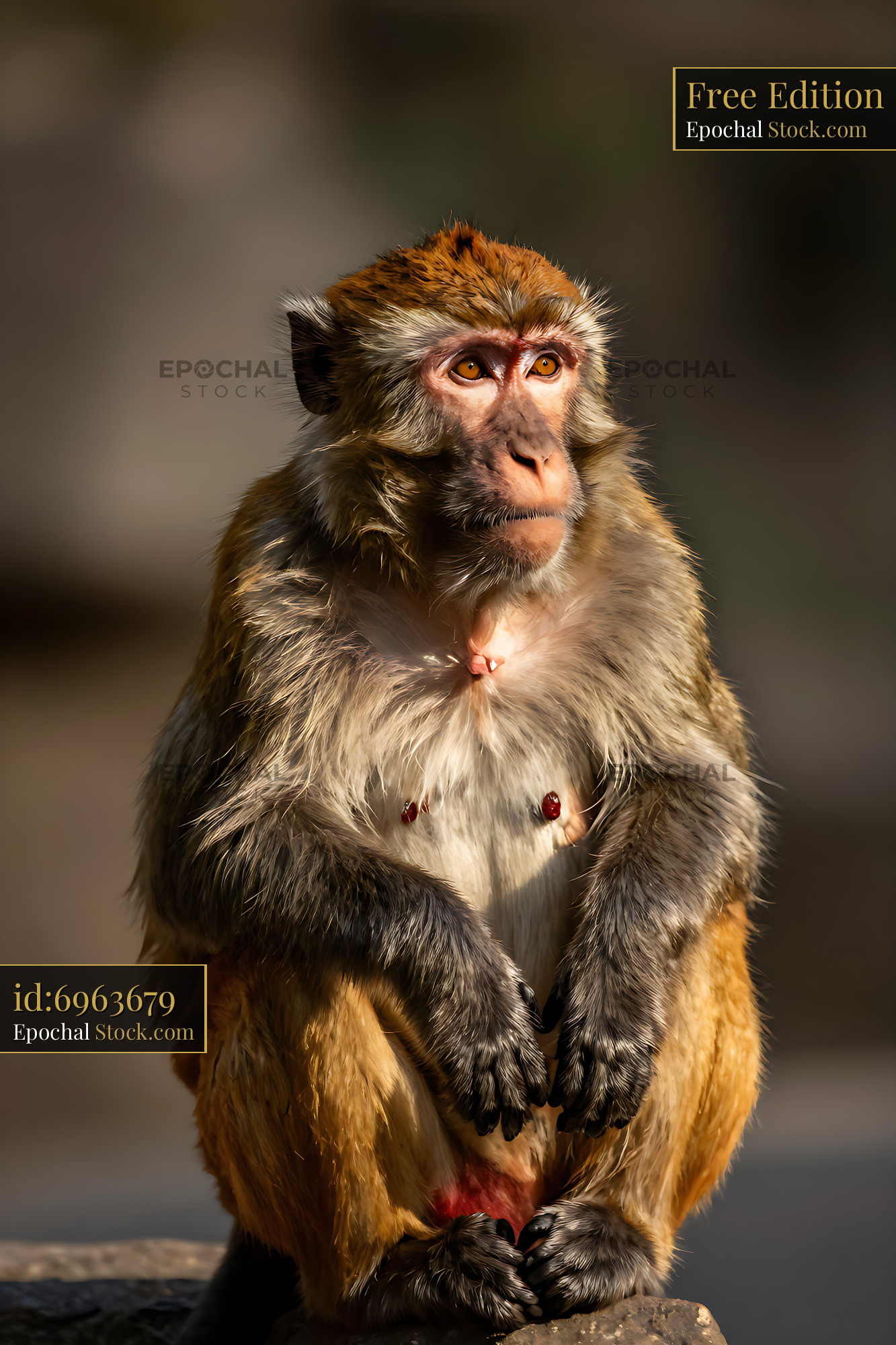Thoughtful rhesus macaque sitting on a rock during golden hour - stock photo