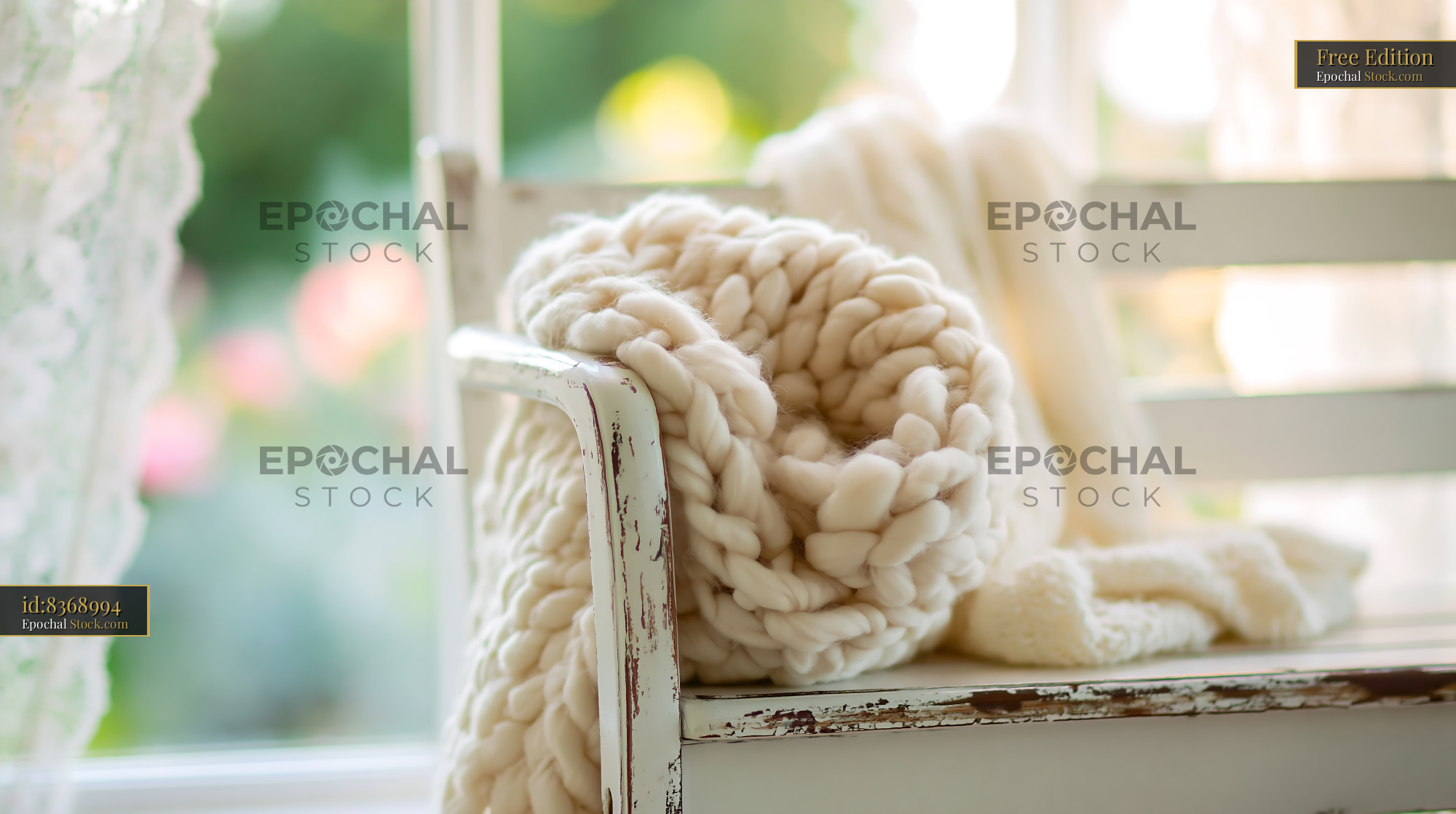 Chunky knit blanket draped on a white shabby chic bench by a window - stock photo