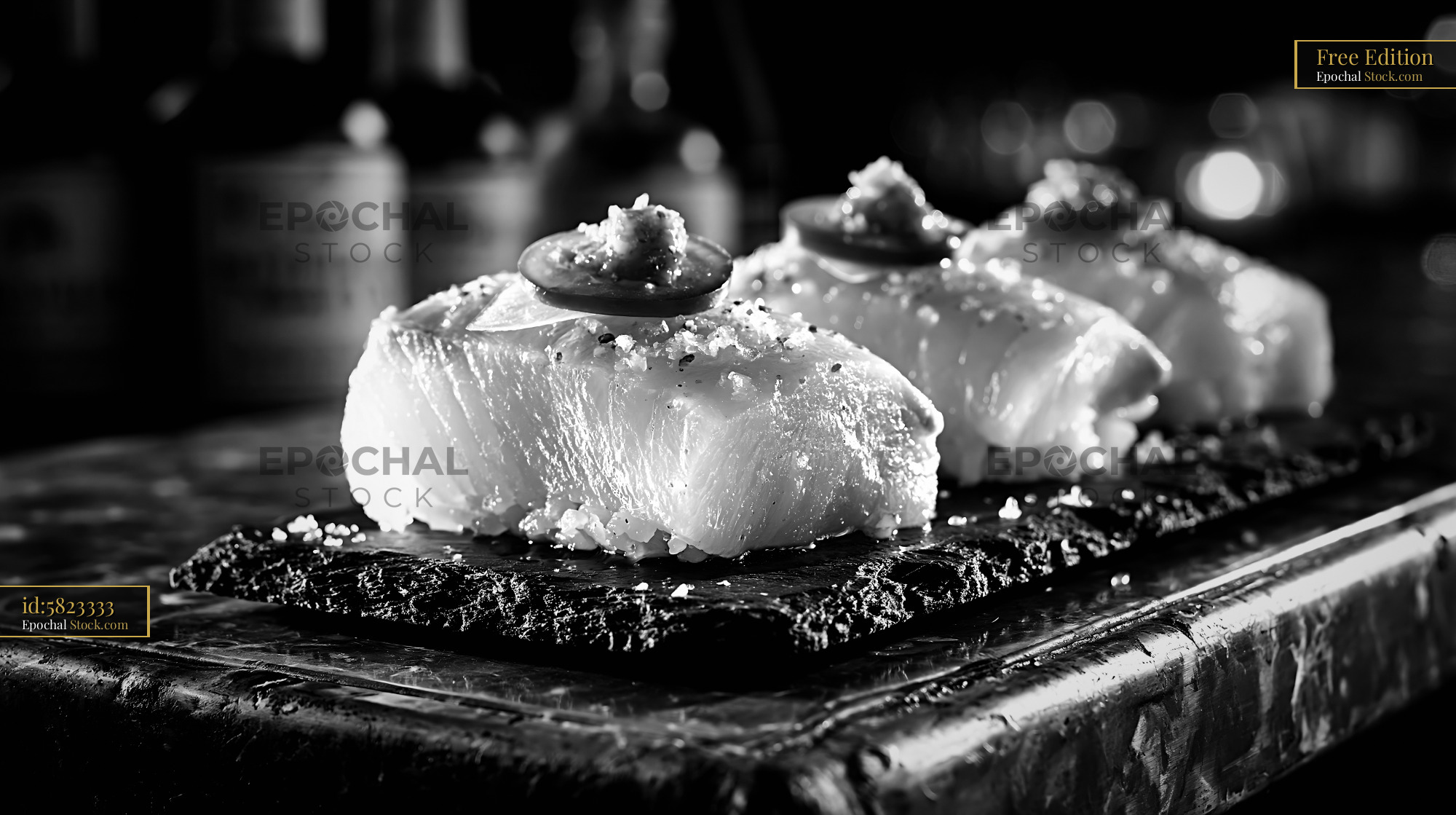 Gourmet yuzu kosho yellowtail sushi on a dark slate plate - stock photo
