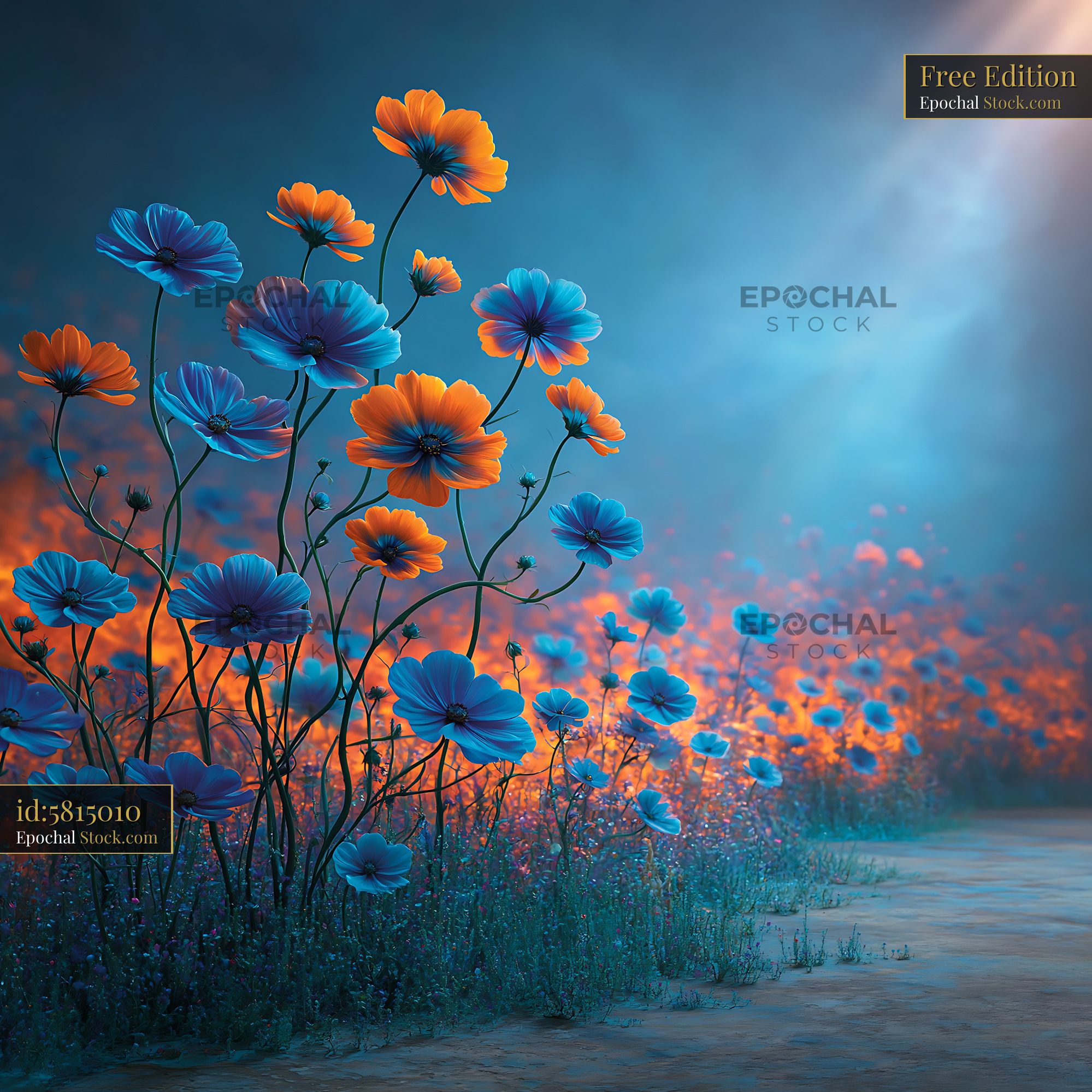 Vibrant blue and orange wildflowers in a dreamy spring meadow - stock photo