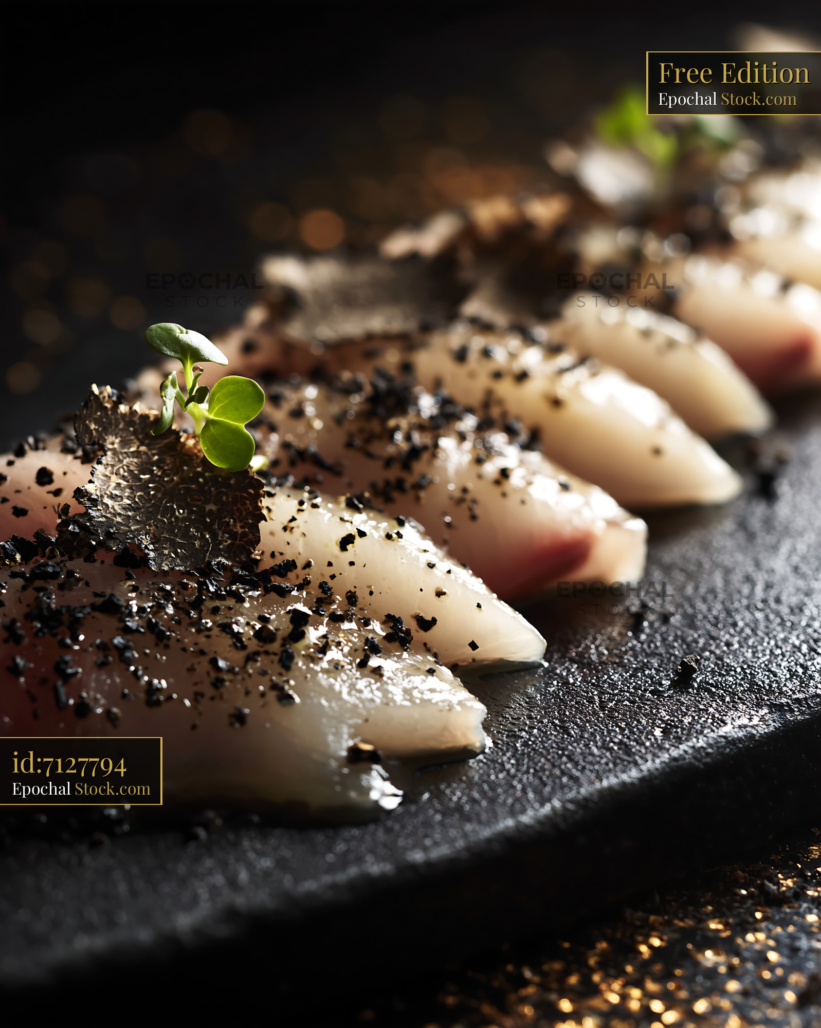 Truffle yellowtail sushi with shaved black truffle and microgreens - stock photo