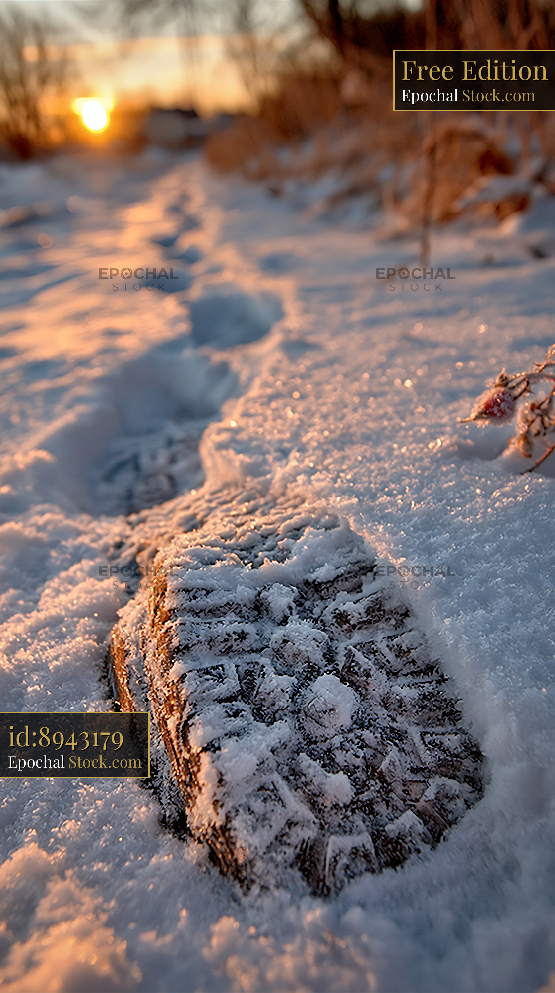 Footprints in deep snow at sunset during a cold winter day - stock photo