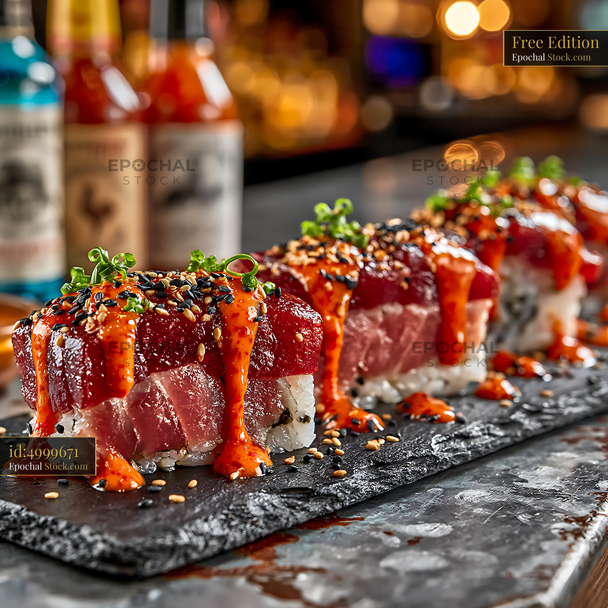 Spicy sriracha mayo tuna sushi served on a slate board in a bar - stock photo