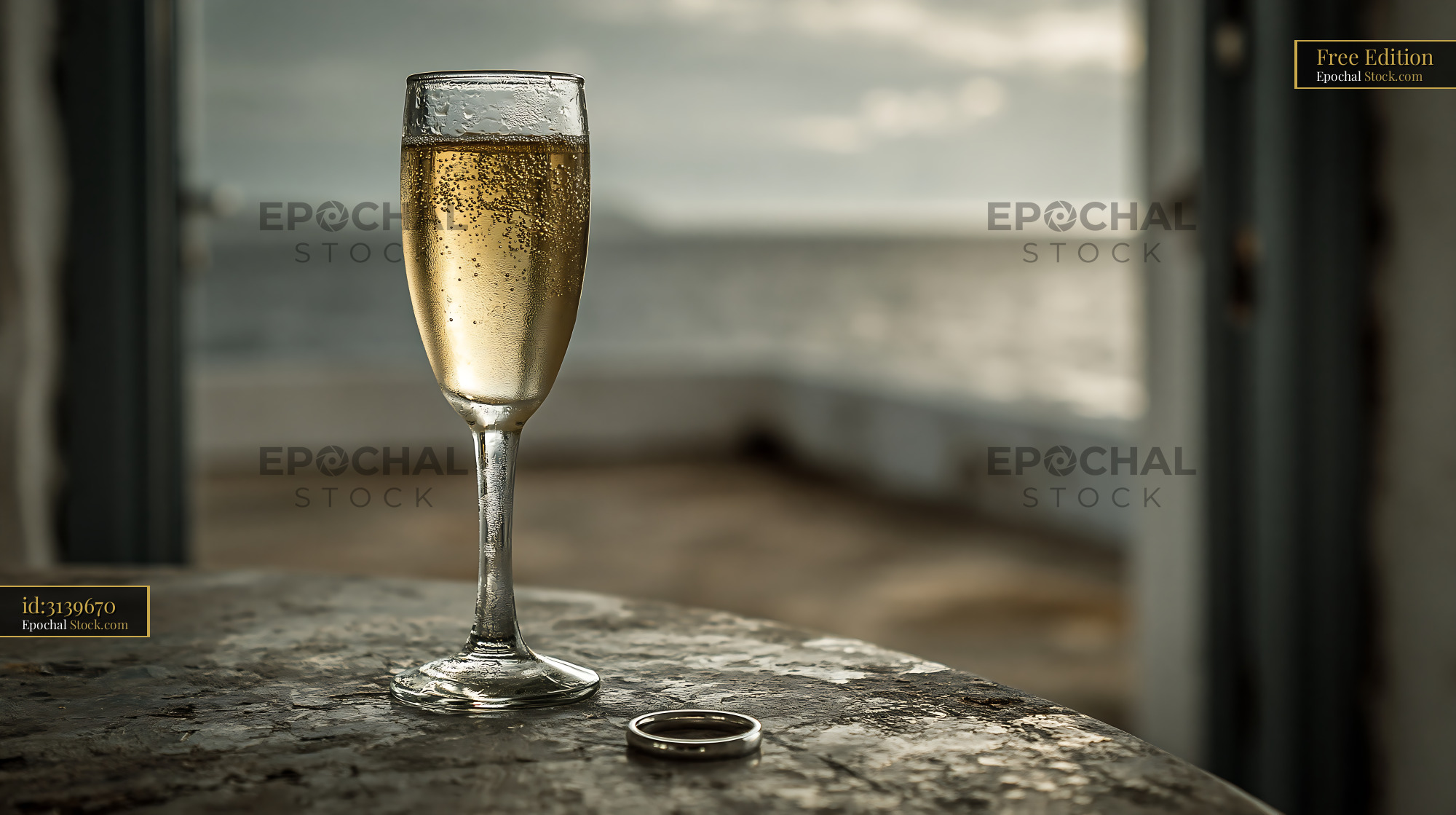 Sparkling wine glass and wedding ring on a terrace by the sea - stock photo