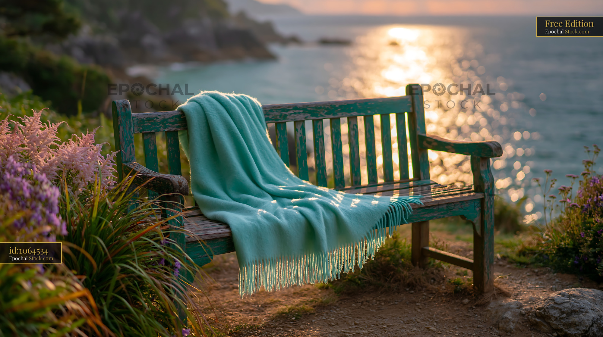 Cottage garden bench with soft blanket overlooking the sea at sunset - stock photo