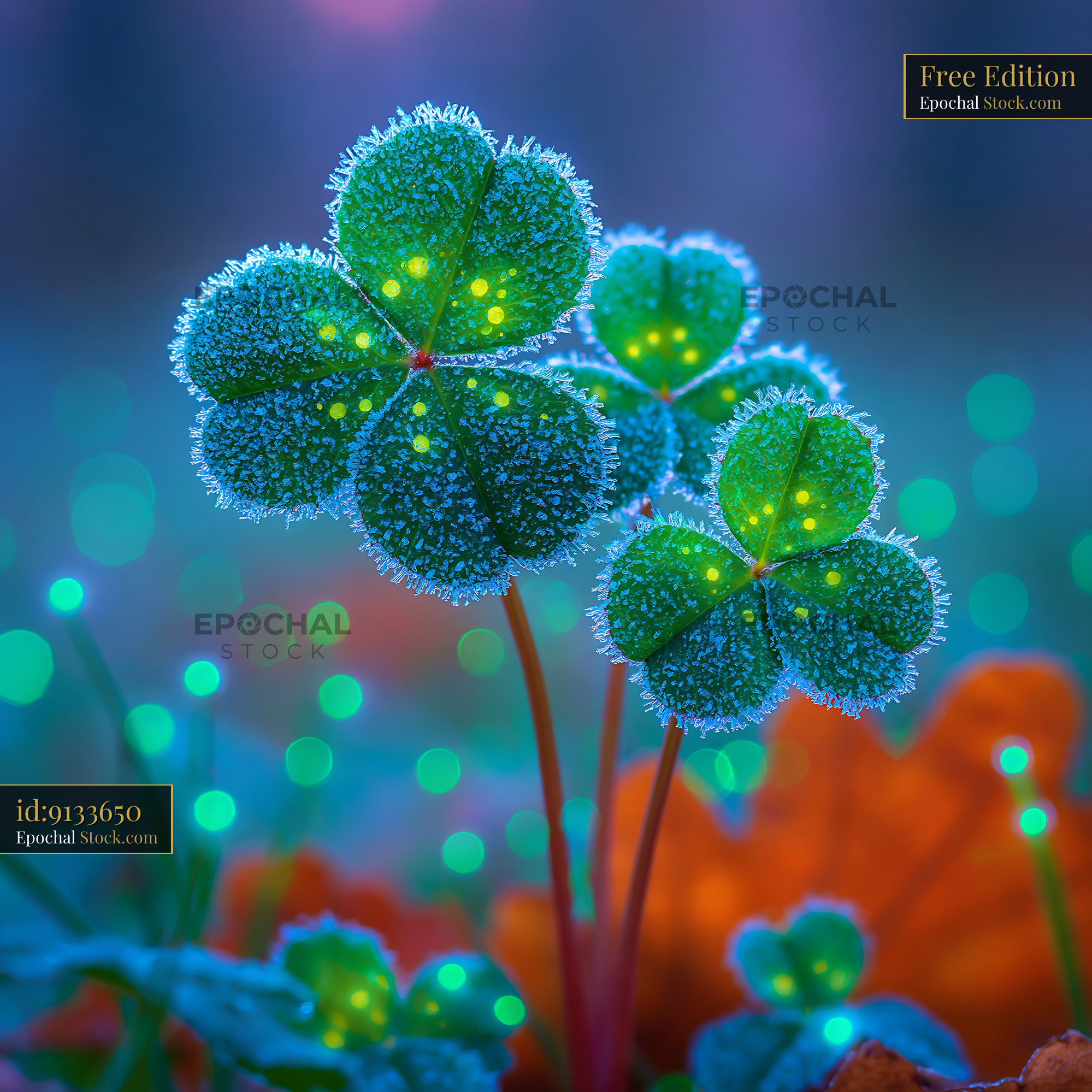 Four leaf clover with morning frost and magical glowing lights - stock photo