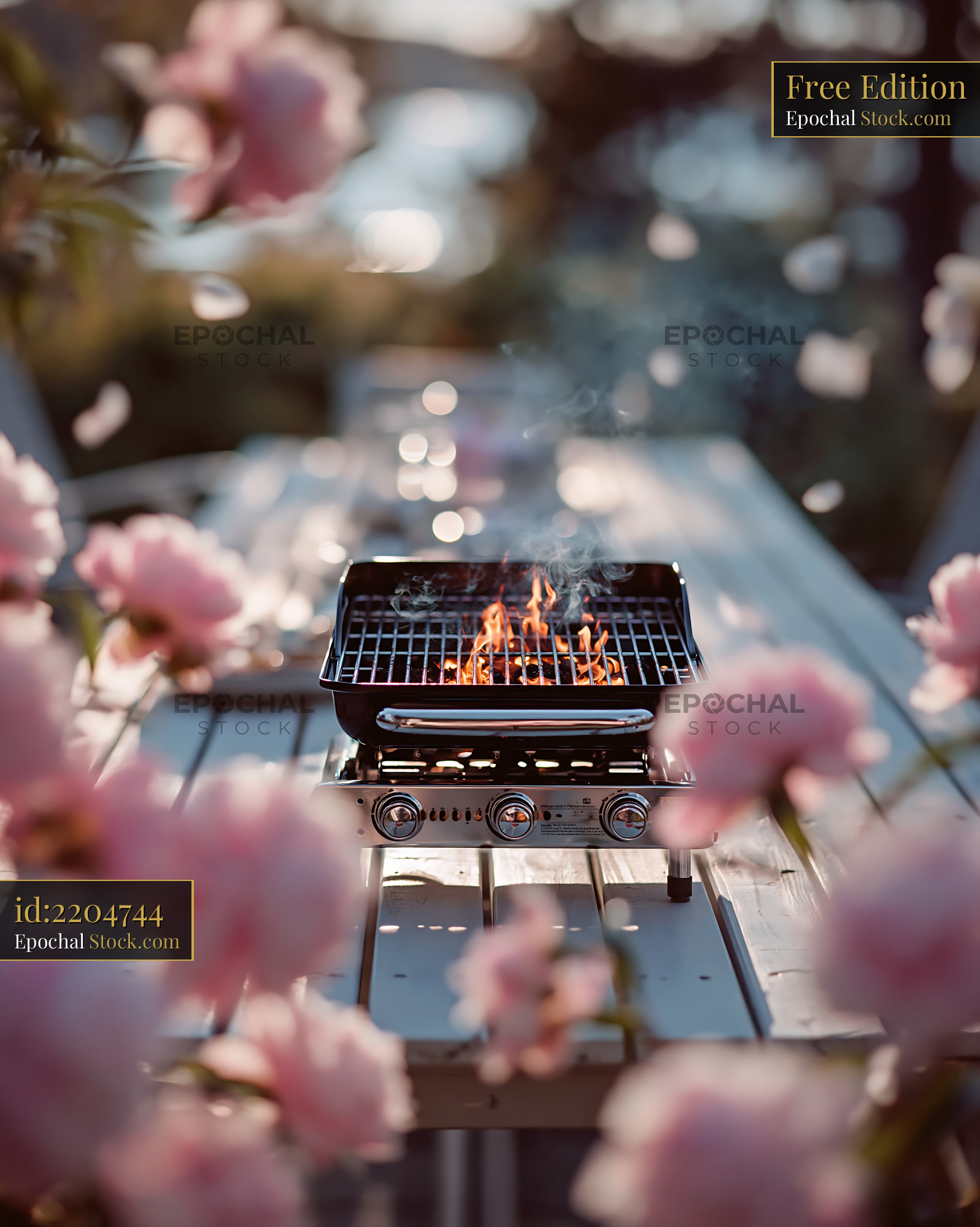 Portable gas grill on a wooden table surrounded by pink flowers - stock photo