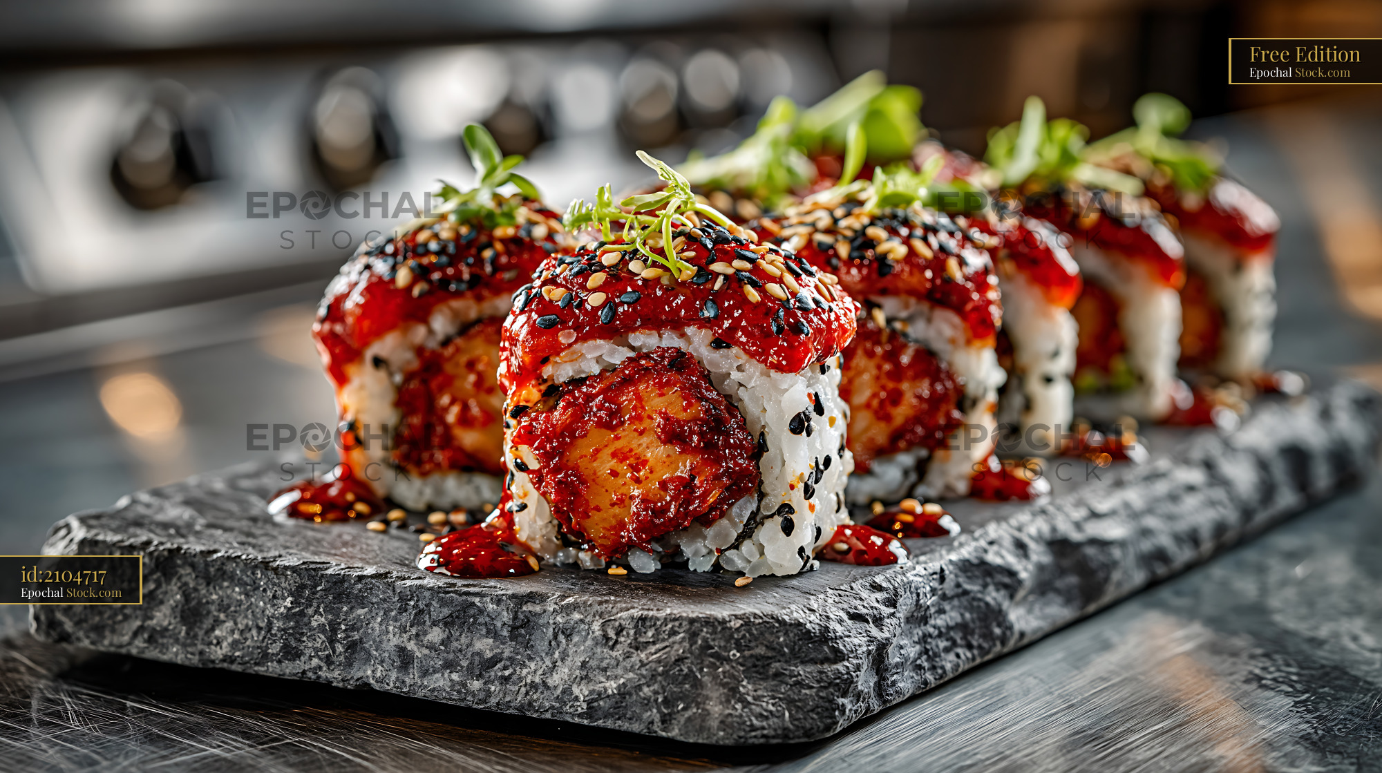 Spicy kimchi fusion maki sushi rolls served on a slate board - stock photo