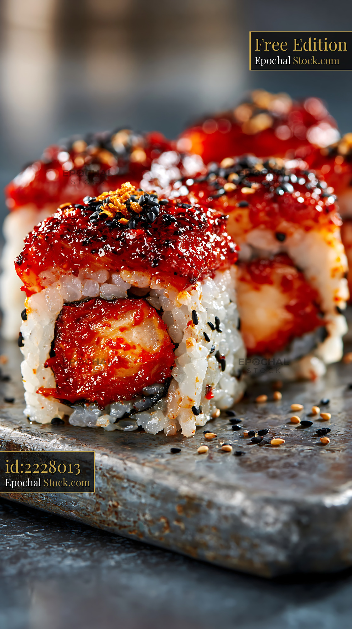 Kimchi fusion maki sushi with spicy red glaze and sesame seeds - stock photo