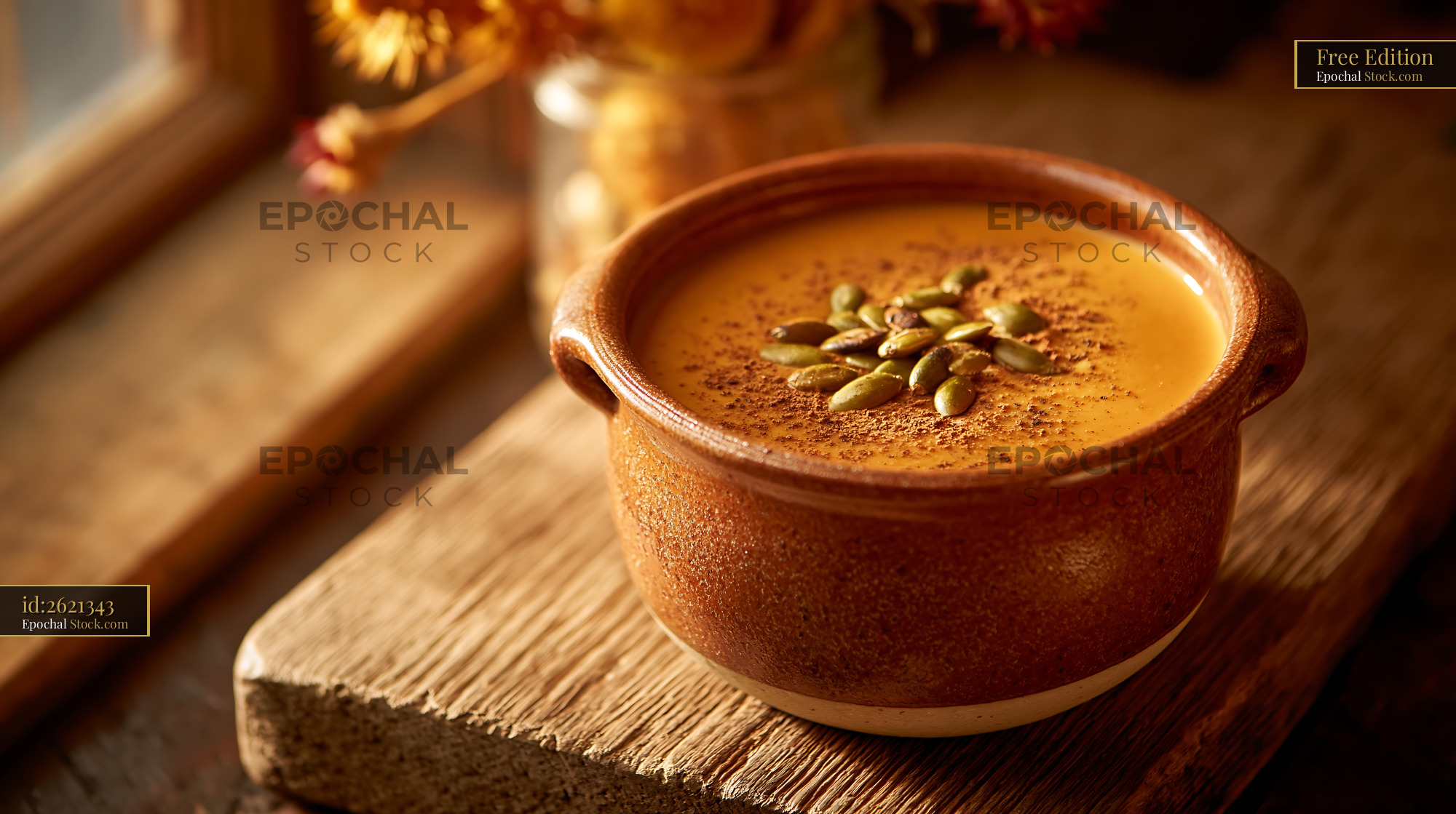 Creamy kabocha pumpkin smoothie bowl with seeds and cinnamon - stock photo
