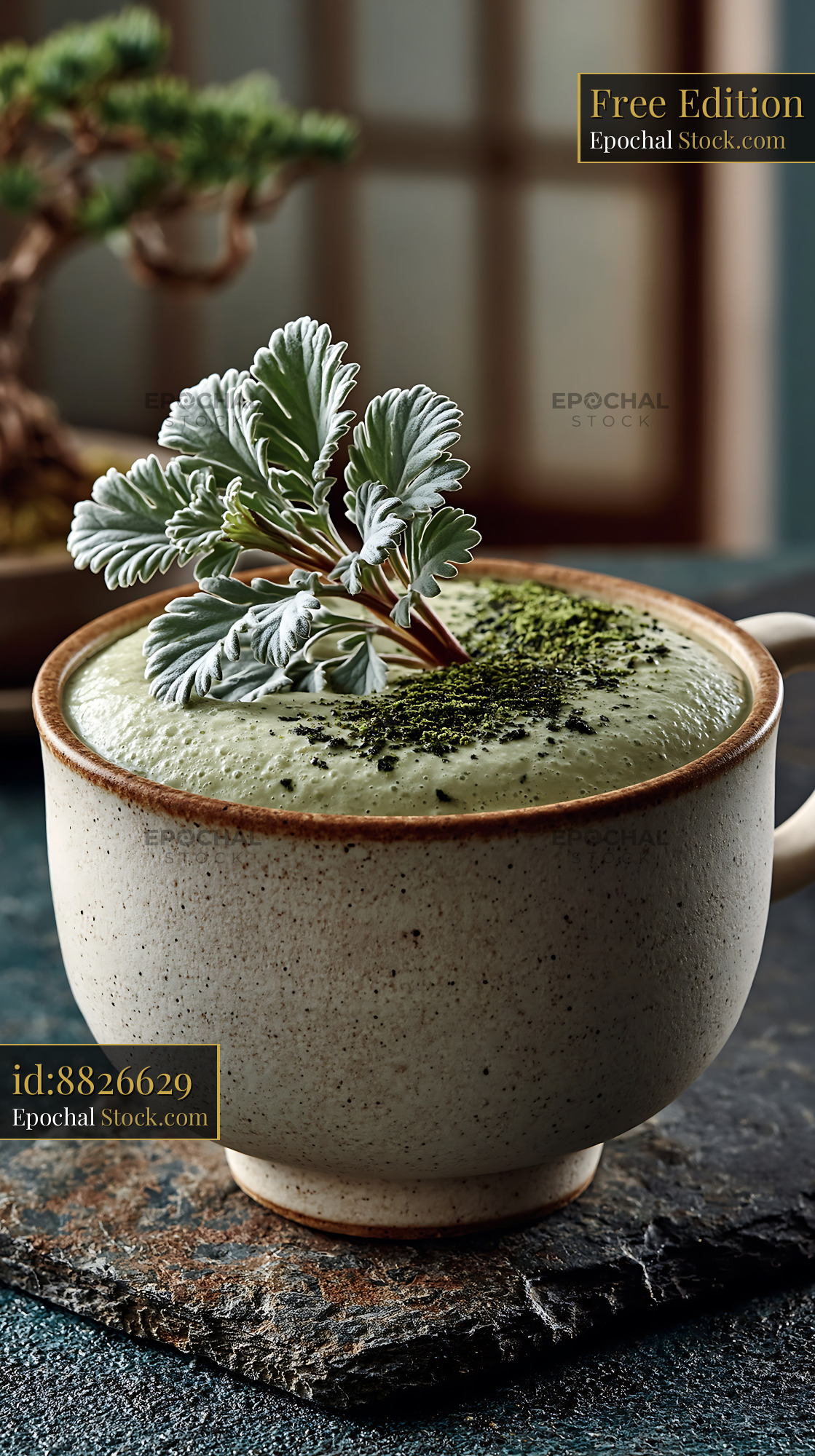 Daechu jujube smoothie with frothy green foam in a ceramic cup - stock photo